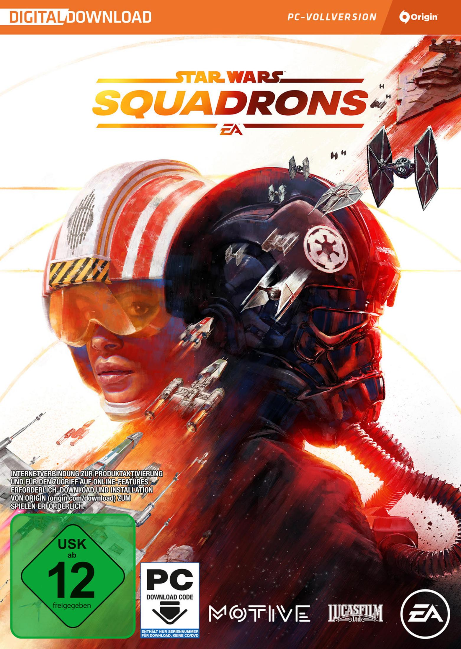 Spielbox von Star Wars Squadrons. Zwei Helme von Piloten mit einer Weltraumszene und dem Spiel-Logo.