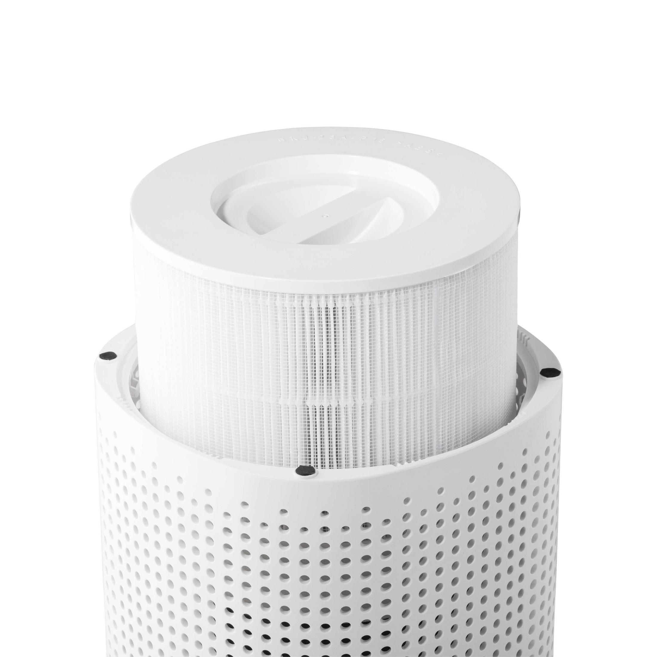 Close-up of a white air filter. The filter is cylindrical with a mesh pattern.