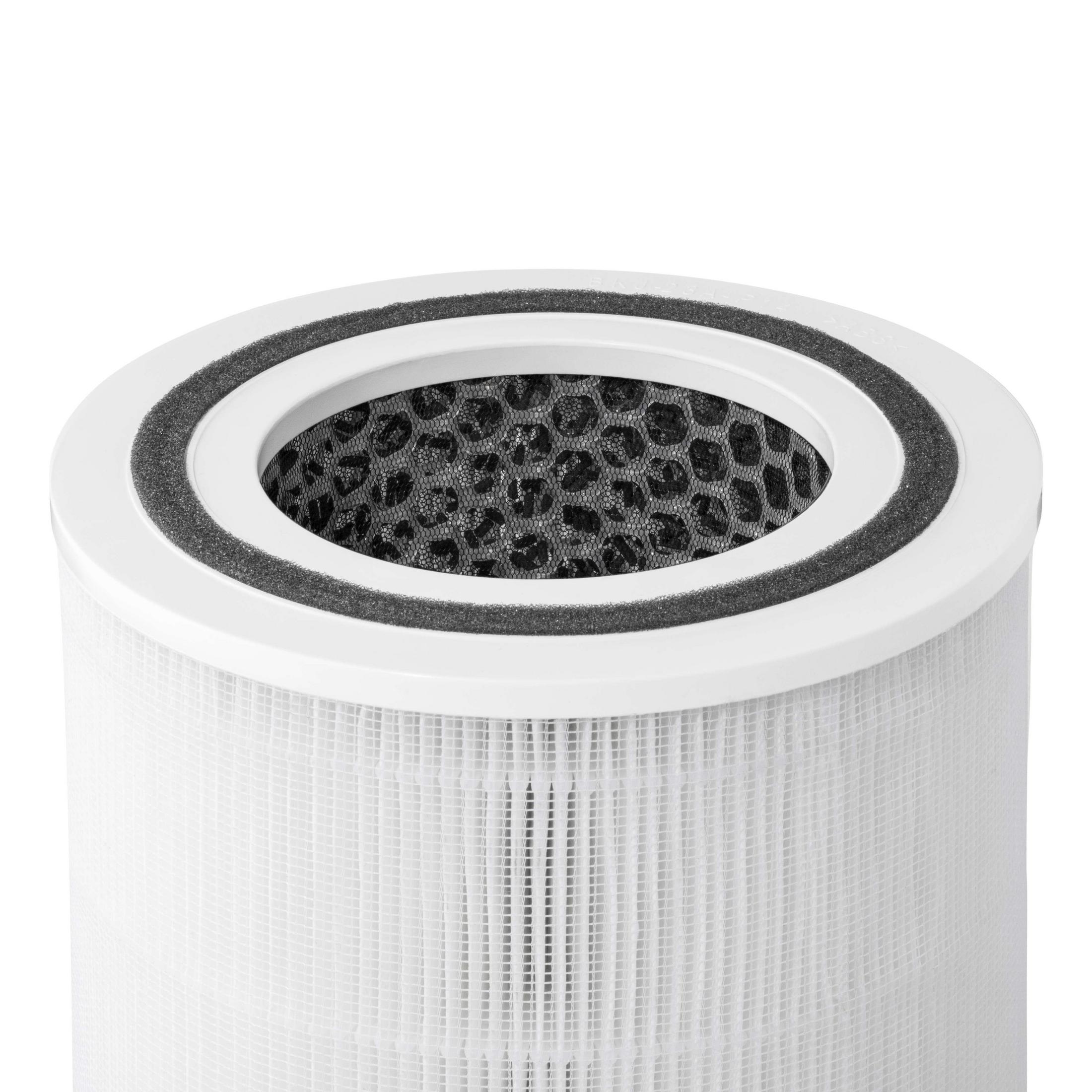 Close up of a white air filter with a black, honeycomb filter inside.