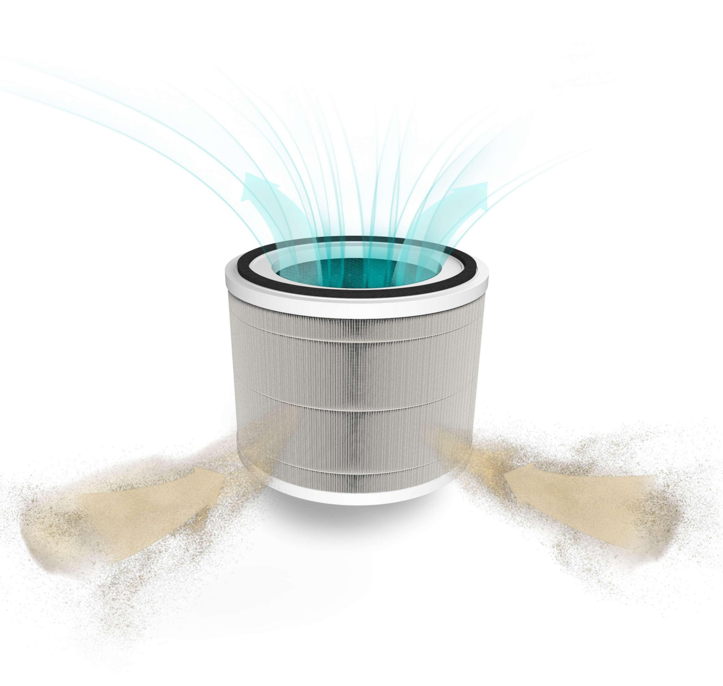 An air filter showing particles being cleaned. The filter is white with blue air flow.