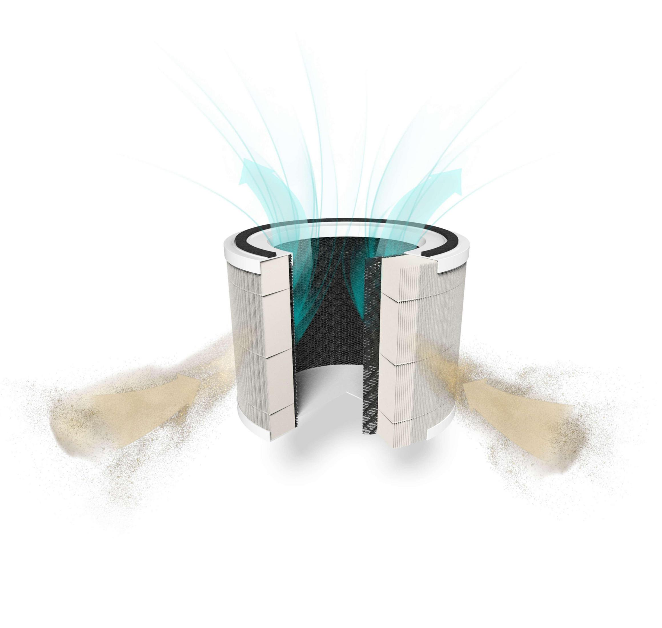 Air purifier filter. The filter is white with black and turquoise elements.