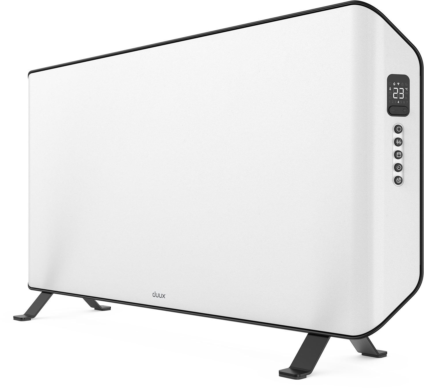 Biały grzejnik elektryczny z wyświetlaczem cyfrowym i czarnymi nóżkami, na białym tle.