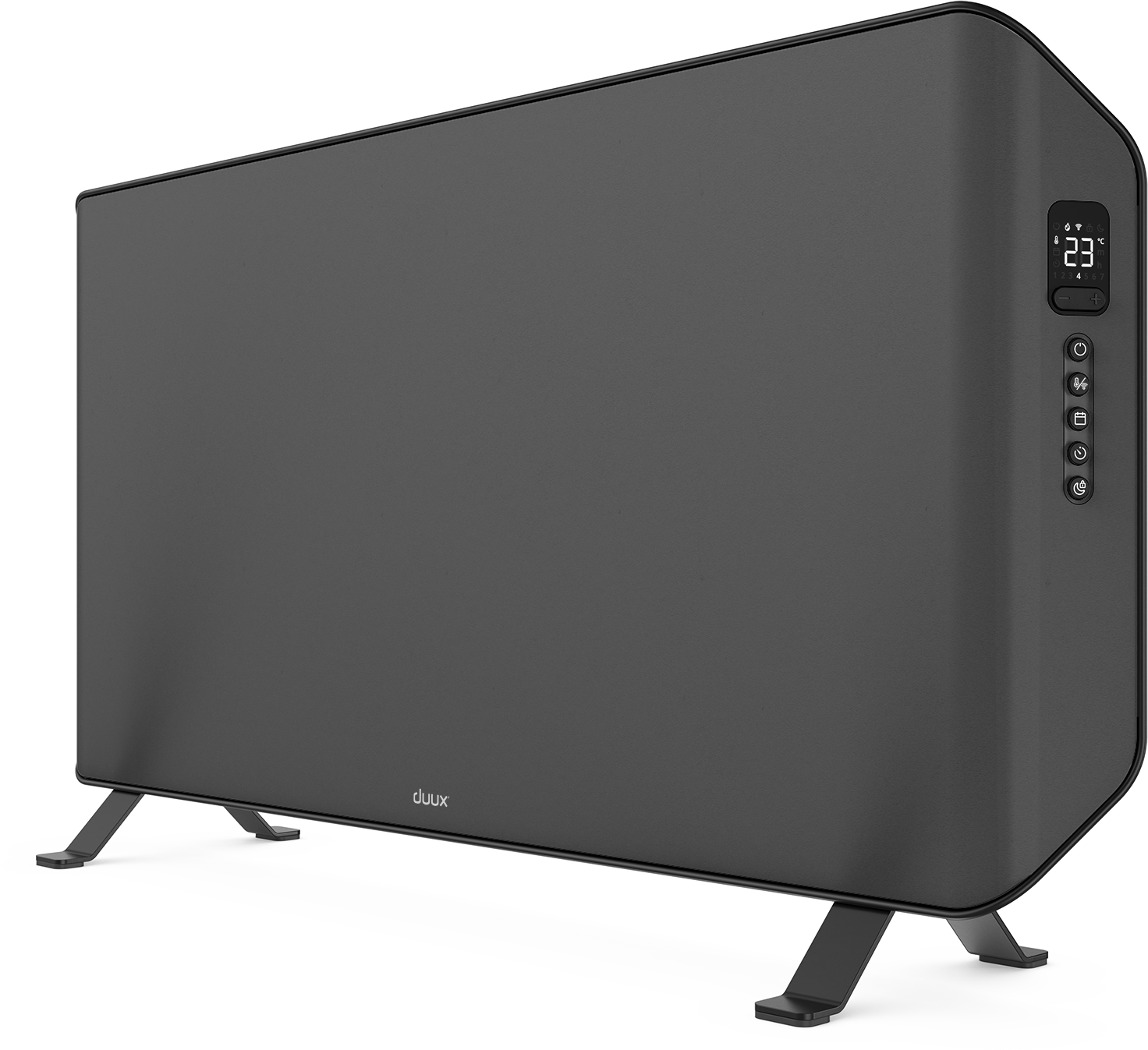 Czarny grzejnik elektryczny z cyfrowym wyświetlaczem i przyciskami sterowania na białym tle.