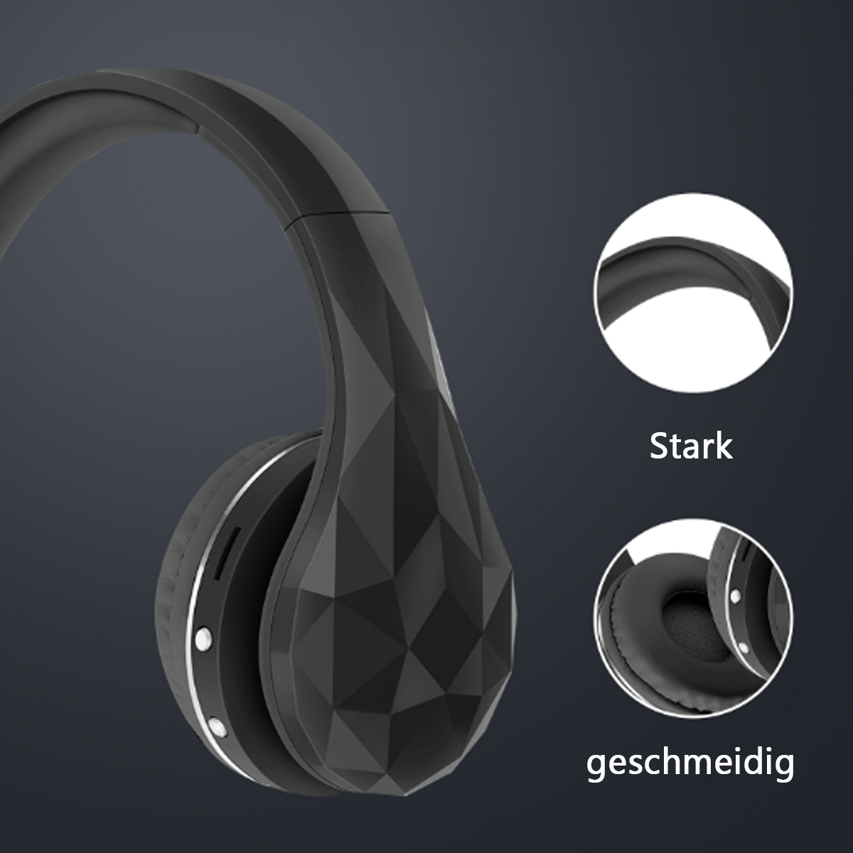 Schwarze Kopfhörer mit geometrischem Design. Zwei Diagramme veranschaulichen starke und glatte Eigenschaften.