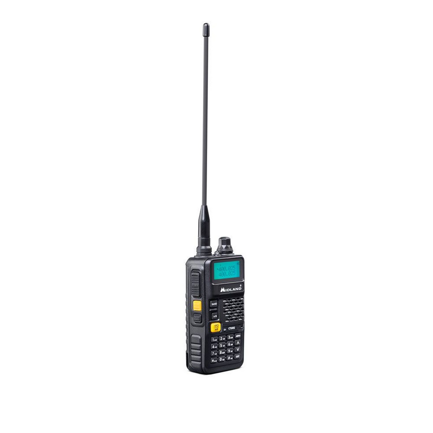 Una radio portatile nera con antenna. Ha uno schermo e pulsanti sul davanti.