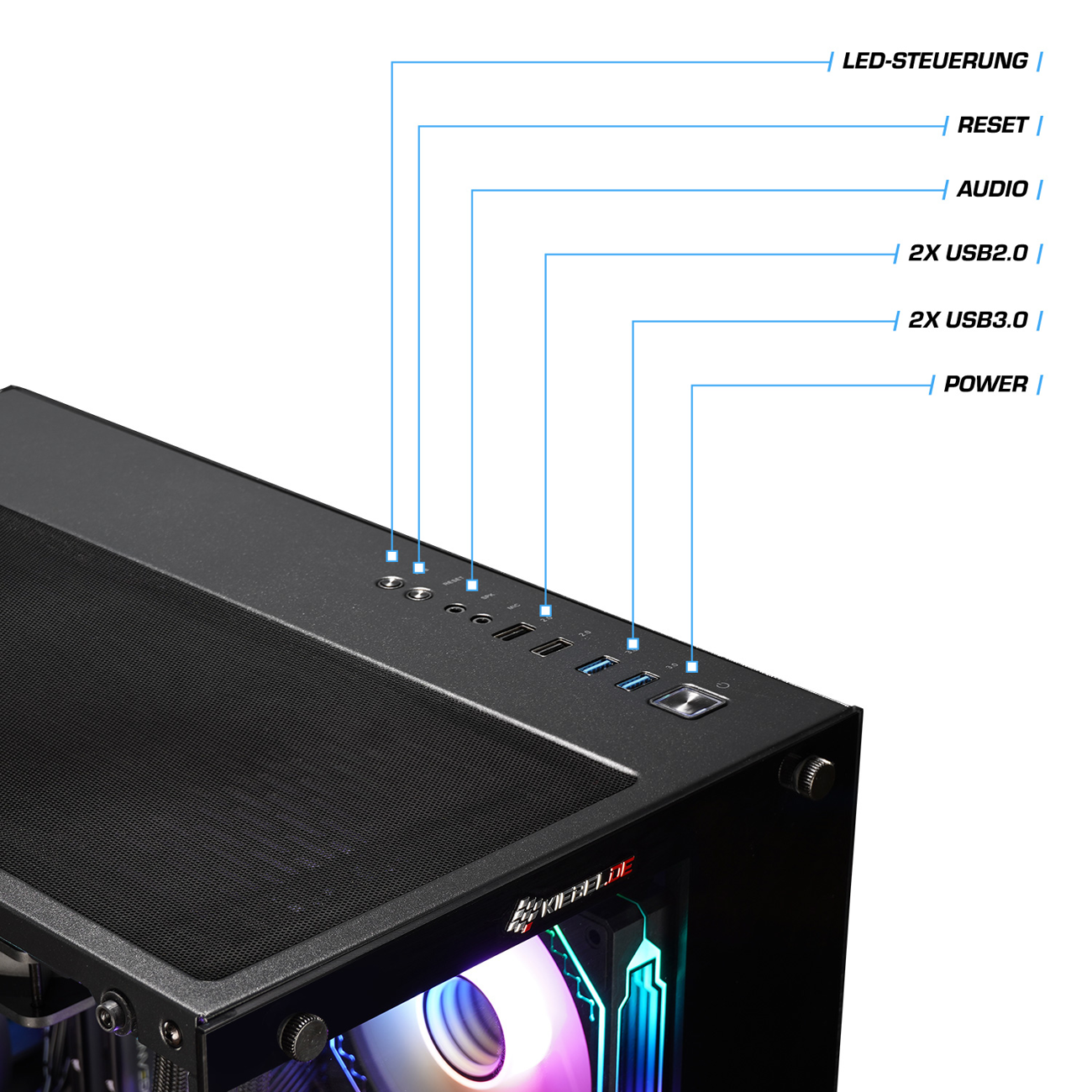 Nahaufnahme eines Computergehäuses mit beschrifteten Anschlüssen: LED, Reset, Audio, USB und Power.