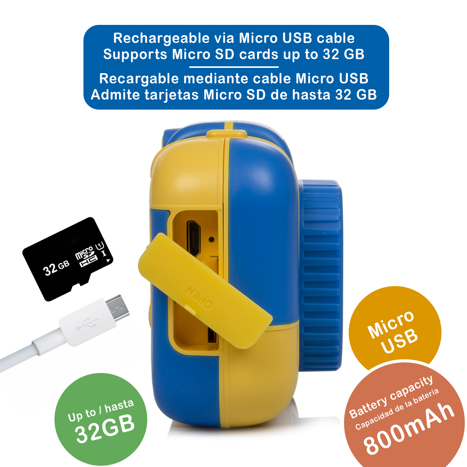 Eine bunte Spielzeugkamera mit Micro-USB-Anschluss, SD-Karte und Batterieinformationen.