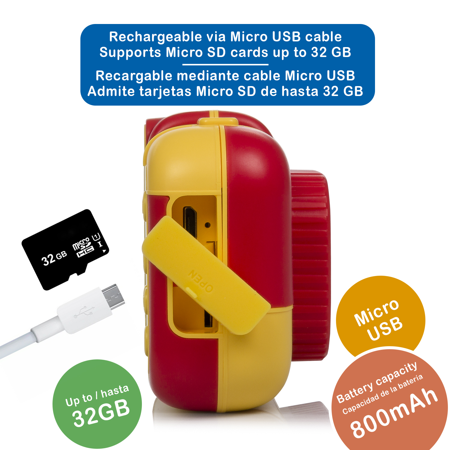 Cámara de juguete roja y amarilla con puerto Micro USB y tarjeta Micro SD.