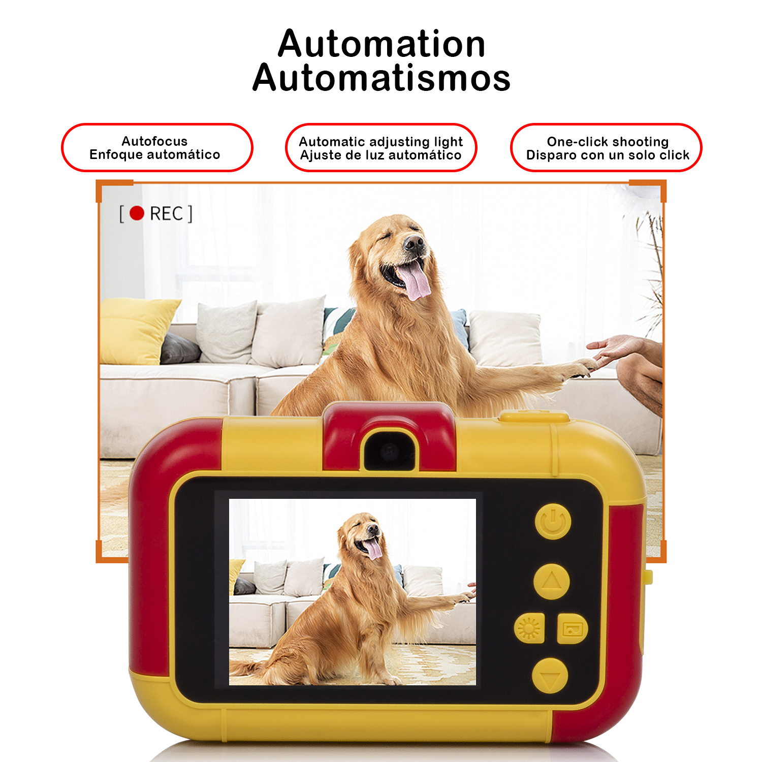 Cámara amarilla y roja tomando foto de un Golden Retriever. Texto: Enfoque automático, ajuste de luz automático, un clic.