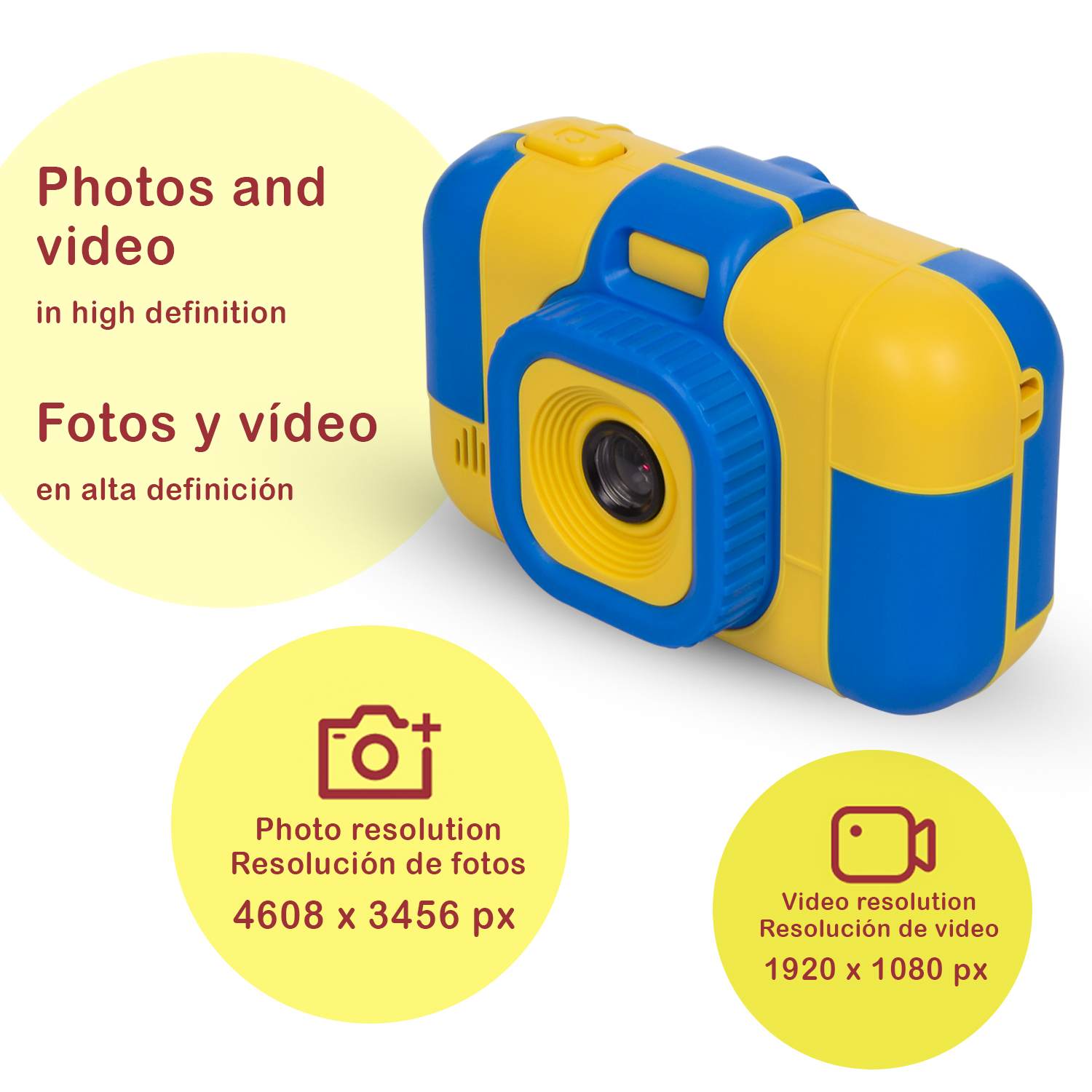 Gelb-blaue Kinderkamera mit Text zu Foto- und Videoauflösung auf weißer Oberfläche.