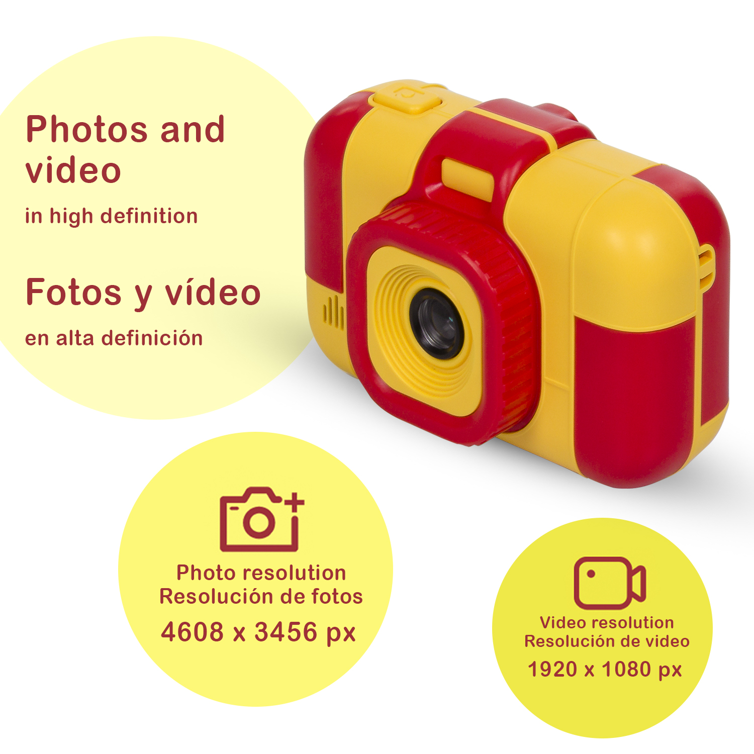 Una cámara de juguete roja y amarilla con resoluciones de foto y video etiquetadas.