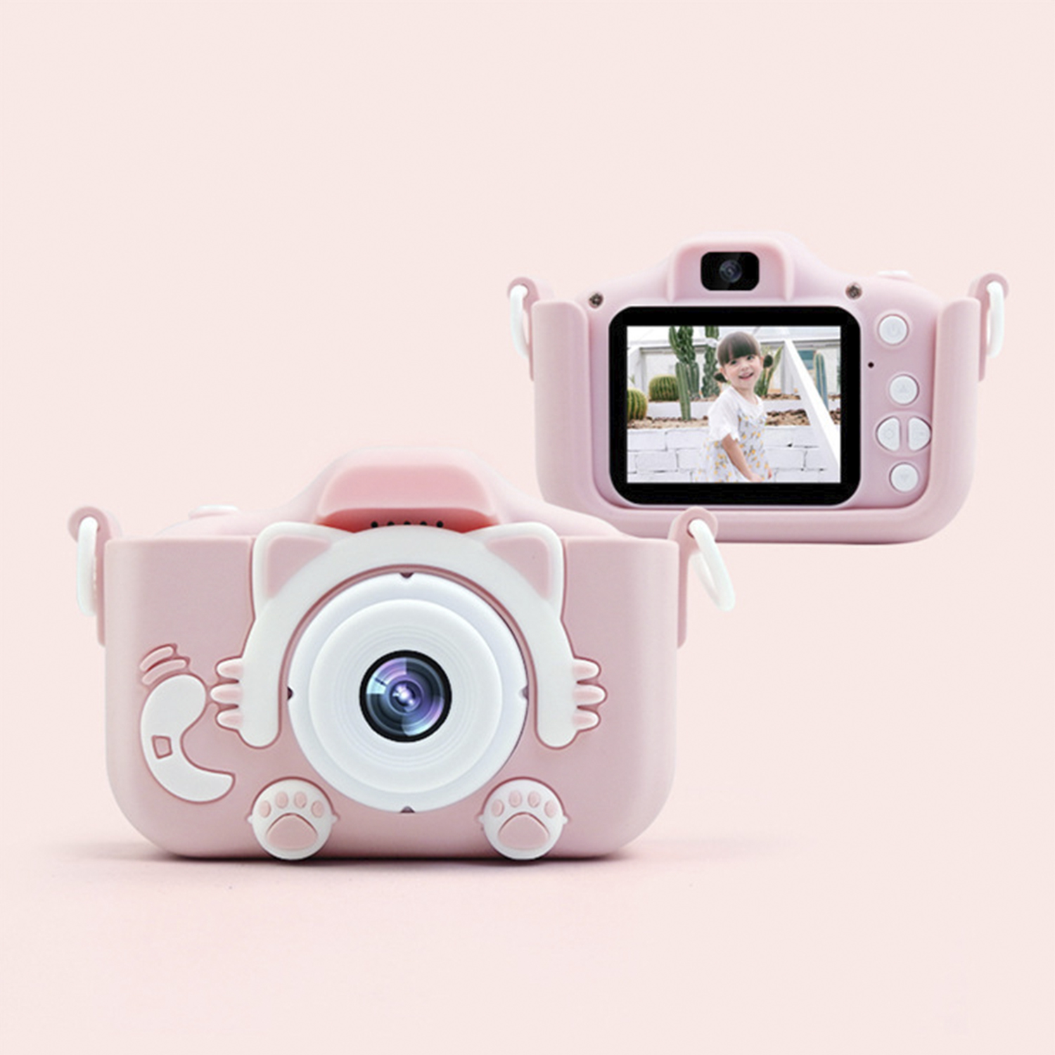 Cámara rosa para niños con forma de gato con pantalla que muestra a una niña. Otra cámara es visible.