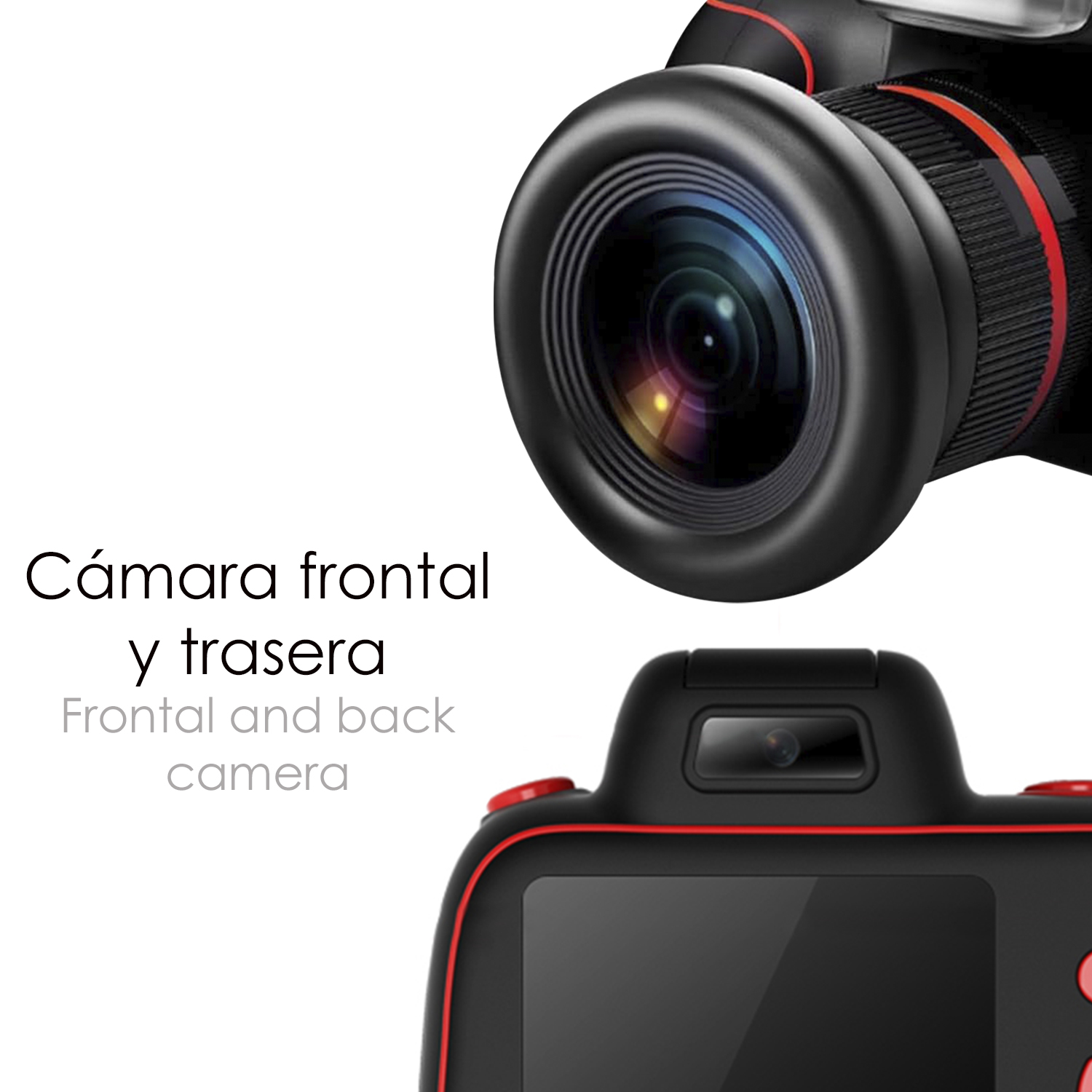 Primer plano de una cámara negra con acento rojo. Etiquetas de cámara frontal y trasera.