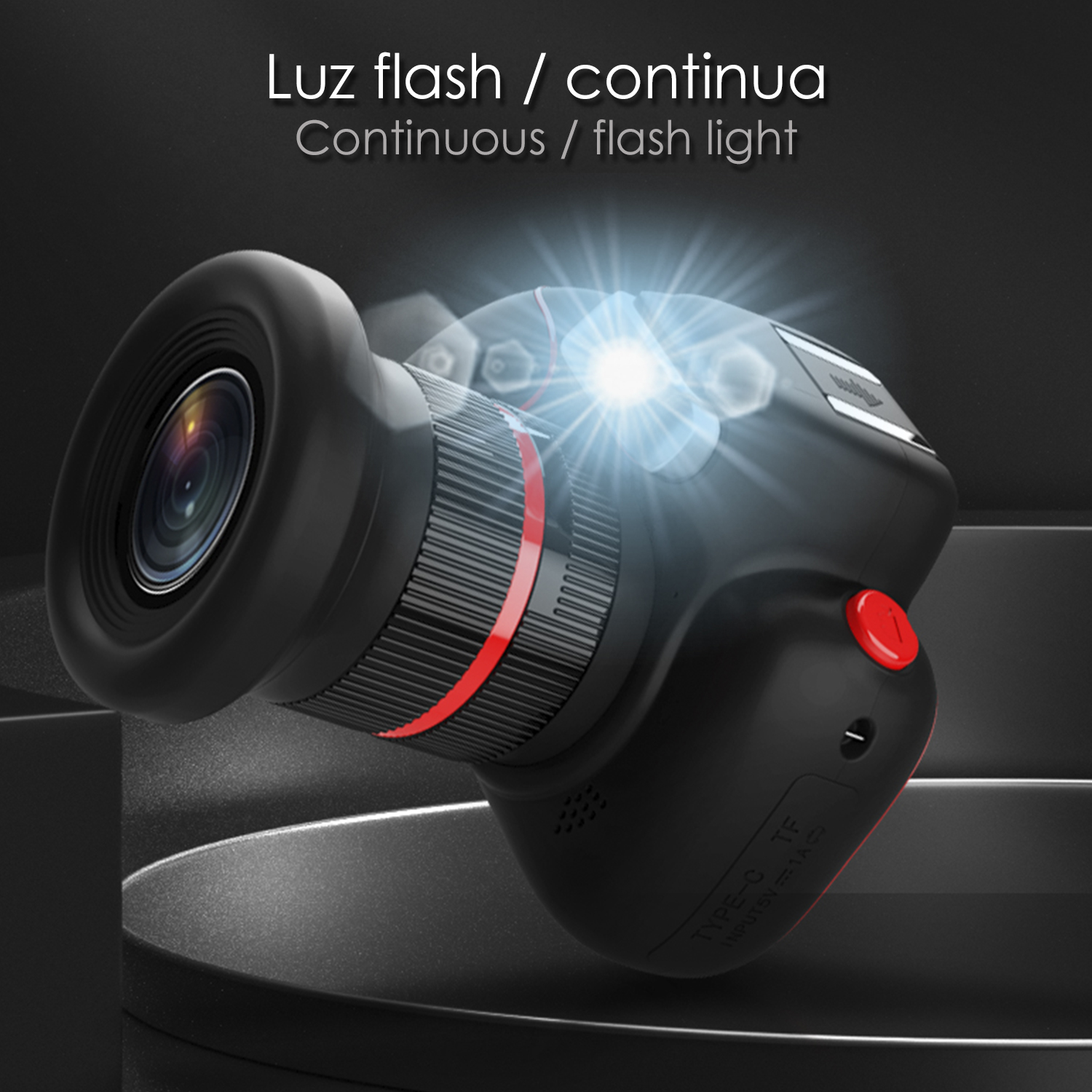 Cámara negra con detalles rojos; flash. Texto: Luz continua/flash.