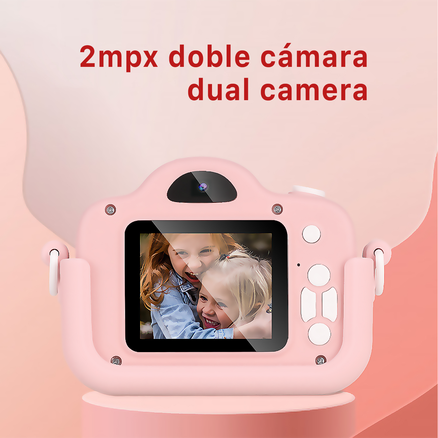 Cámara de juguete rosa. Muestra a dos chicas sonriendo en la pantalla. Dice: cámara dual 2mp.