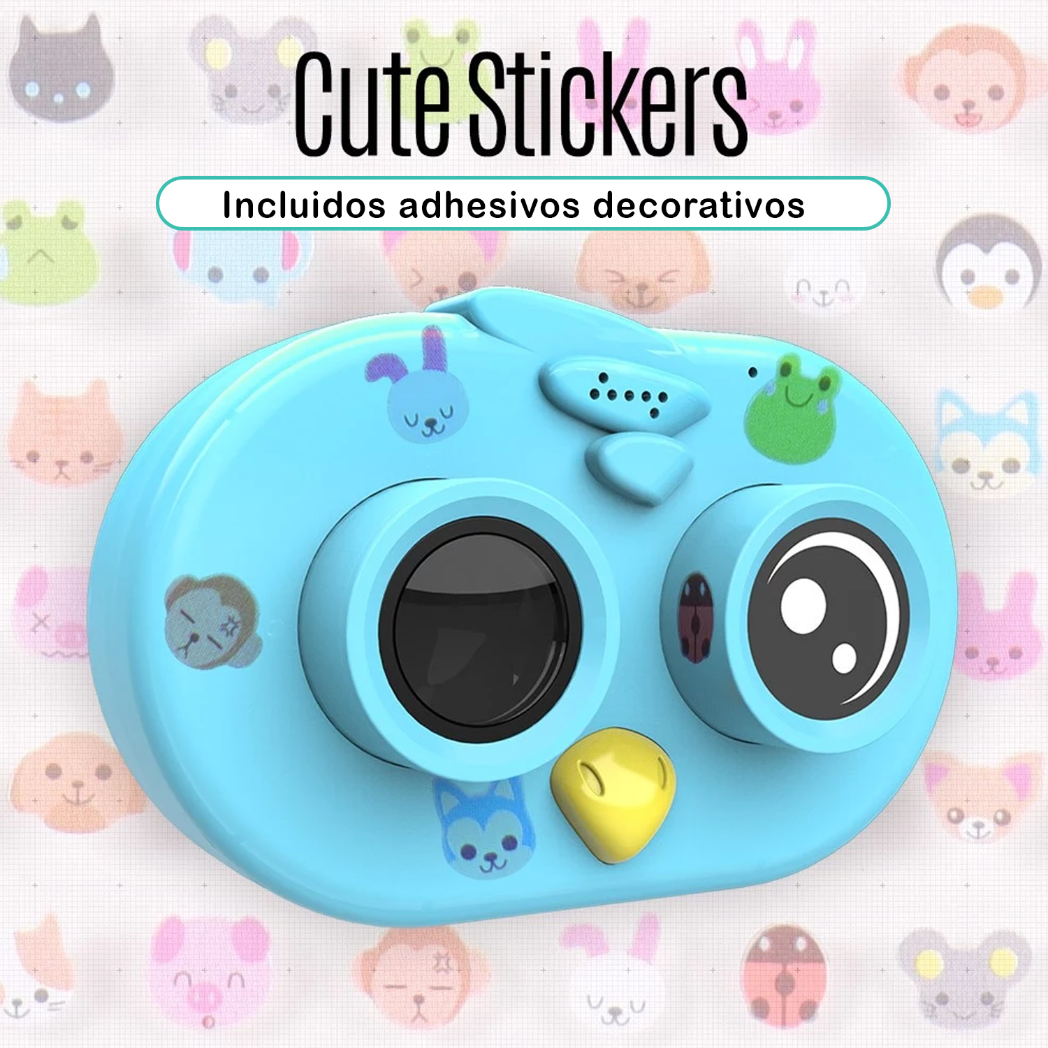 Prismáticos de juguete azules con pegatinas de animales. Texto: 'Cute Stickers'.