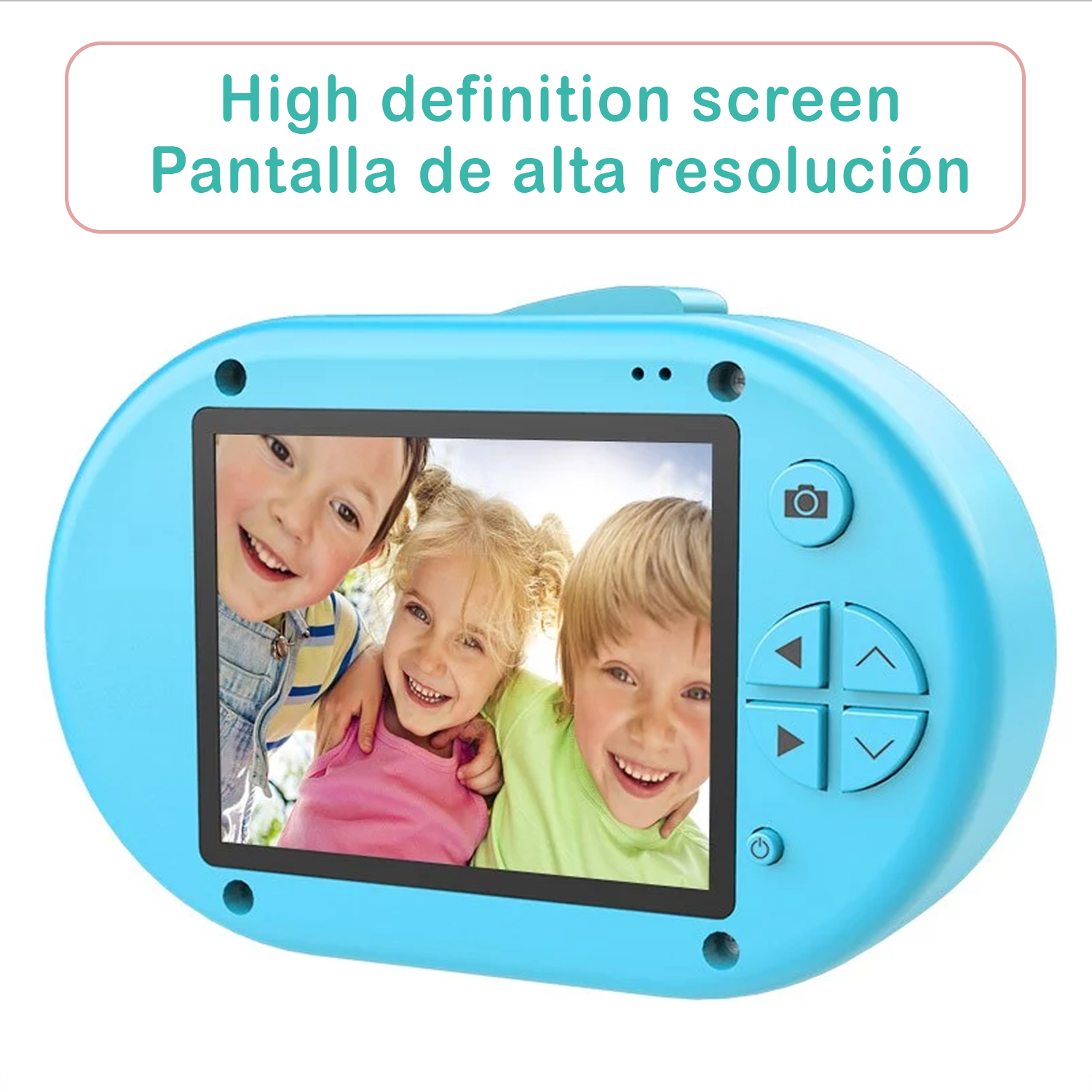 Cámara azul para niños con una pantalla que muestra a tres niños sonriendo.