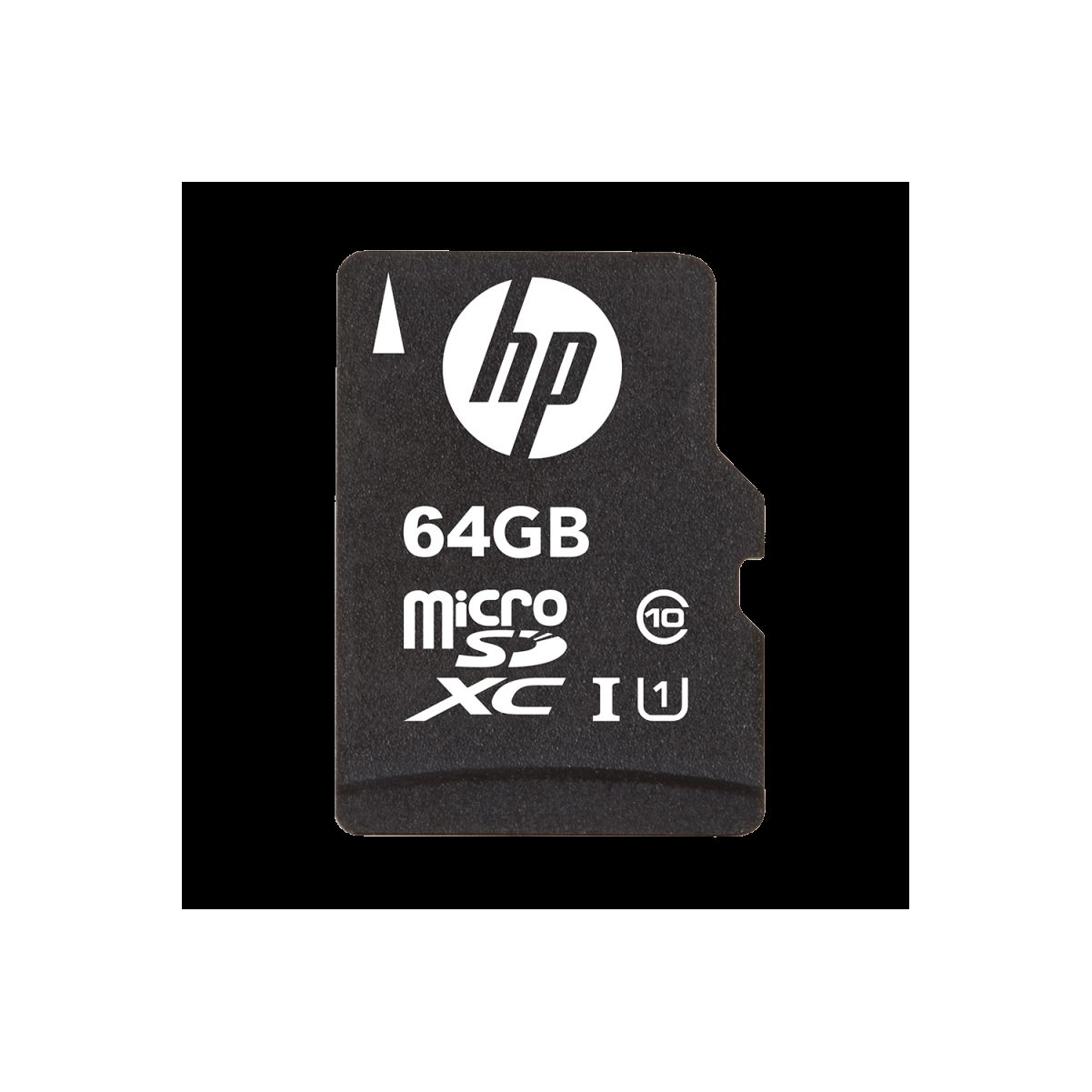 Tarjeta Micro SDXC I HP de 64 GB negra. El logotipo de HP es visible.