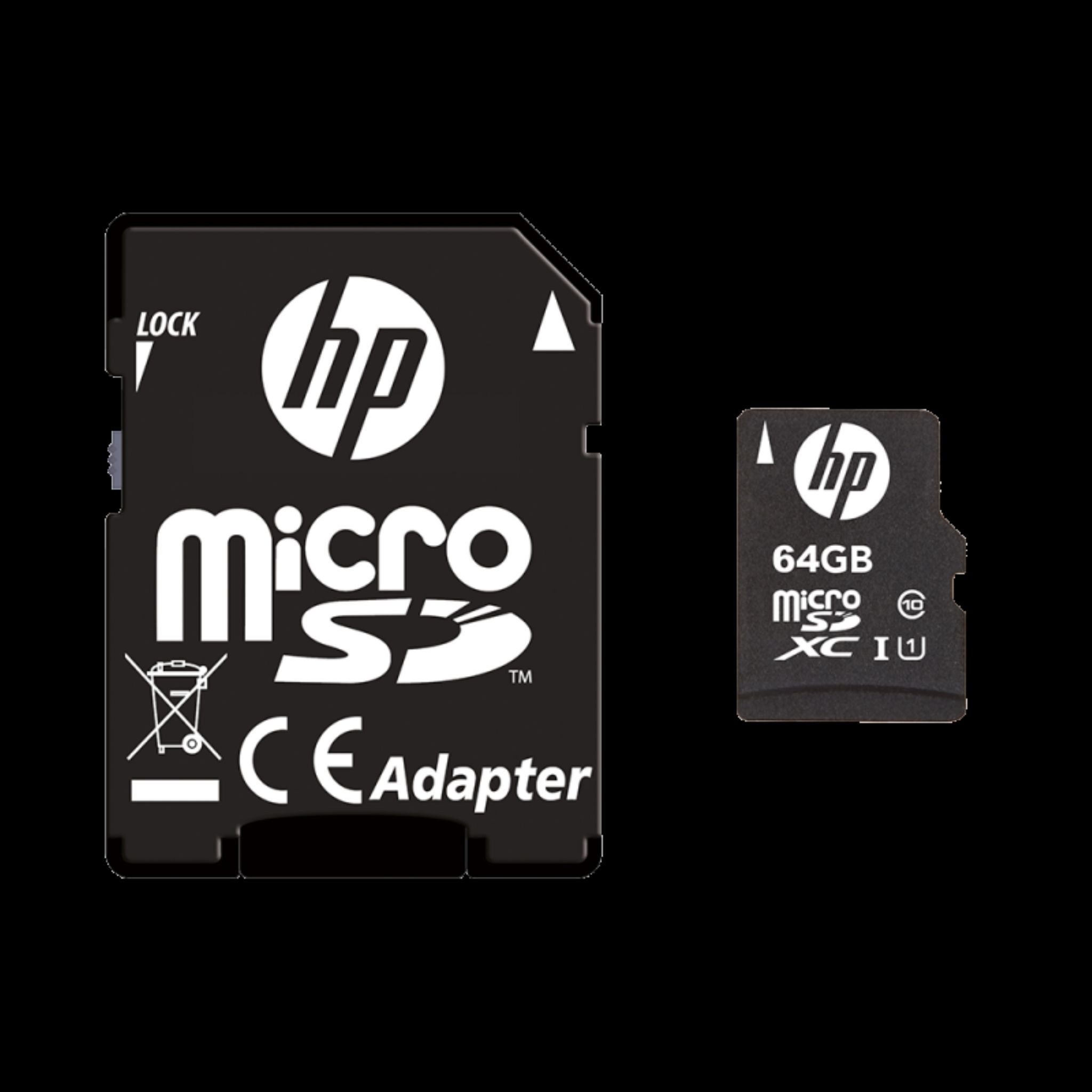 Dos tarjetas SD negras, una con adaptador. La marca es HP.