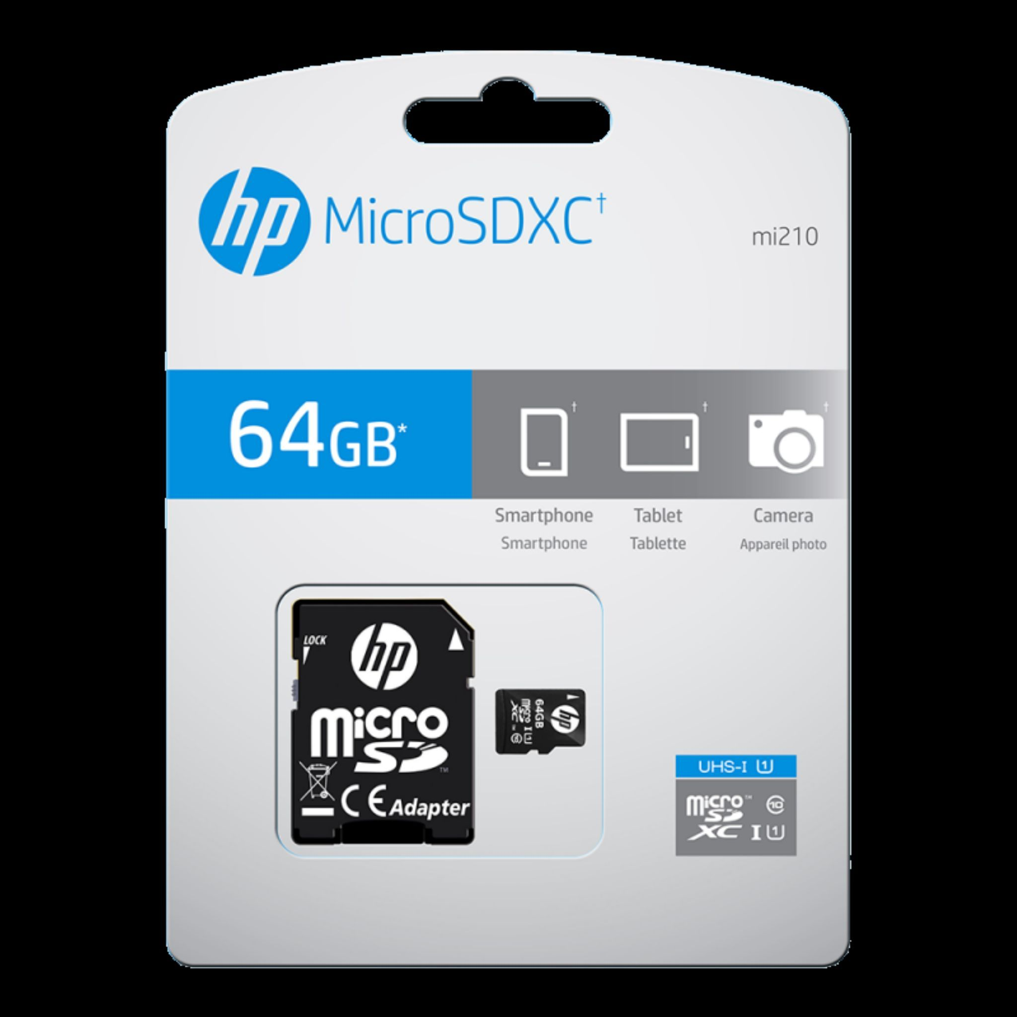 Embalaje de tarjeta HP MicroSDXC con tarjeta y adaptador, con etiqueta de 64 GB.