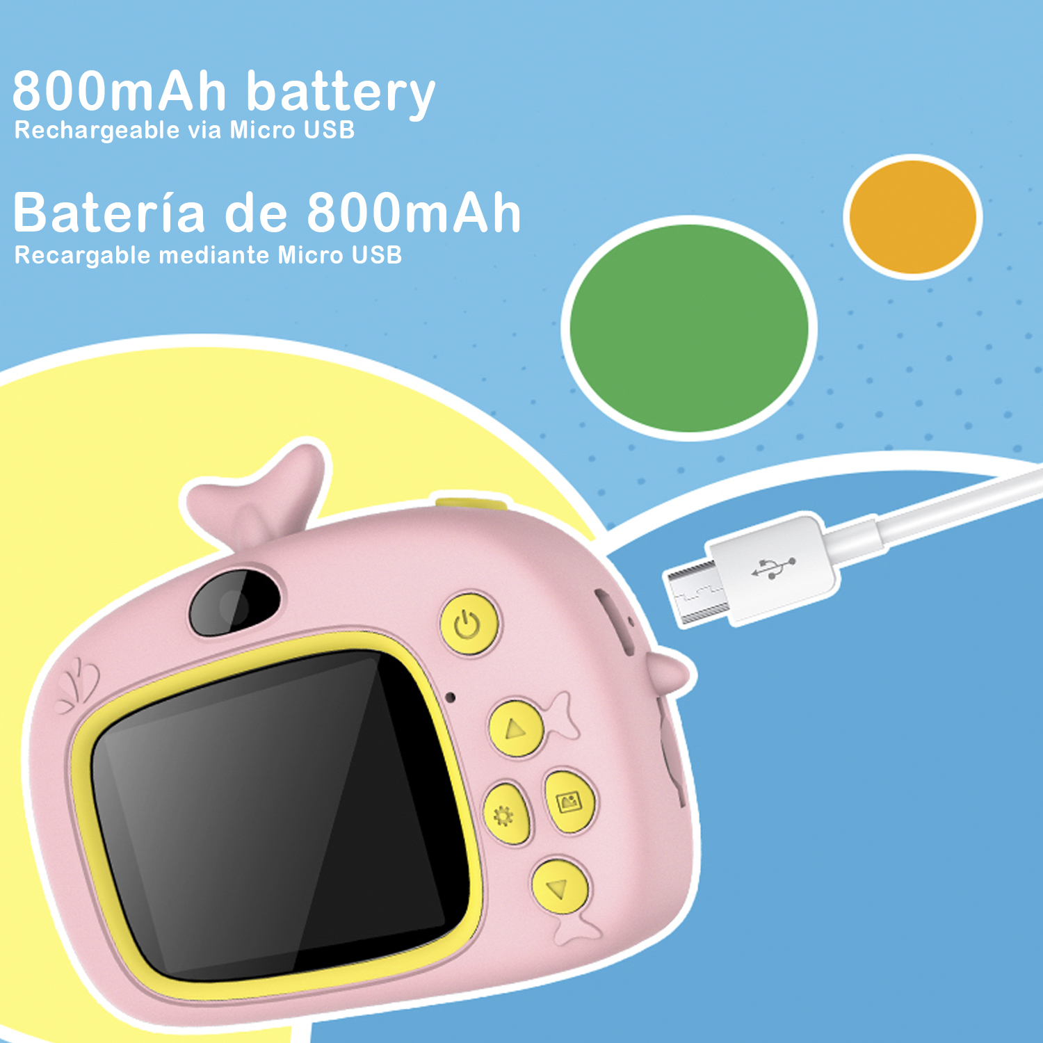 Rosa Kamera mit schwarzem Bildschirm und Symbolen. Ladekabel und Batteriedetails sind vorhanden.