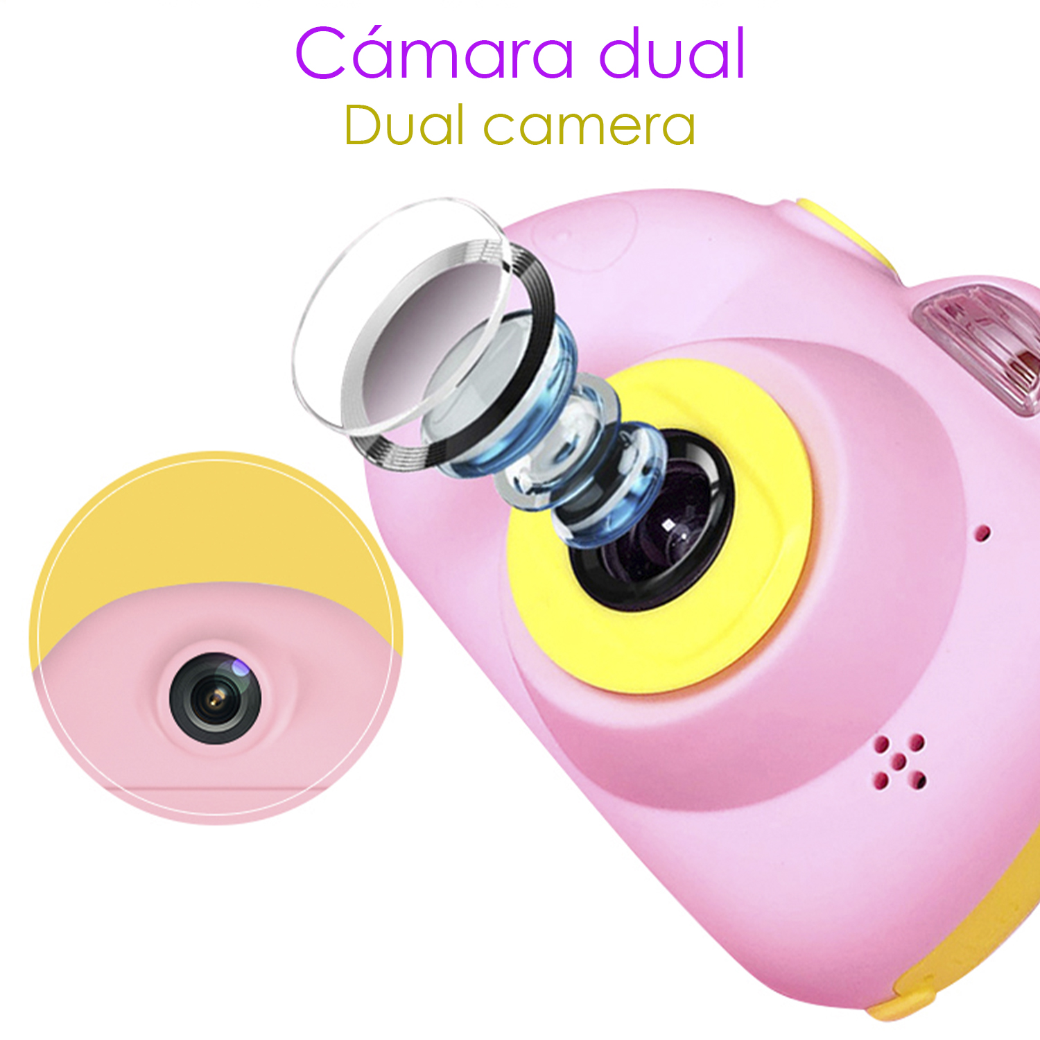 Eine rosa Spielzeugkamera mit gelbem Objektiv, ein Dual-Kamera-Design. Nahaufnahme.