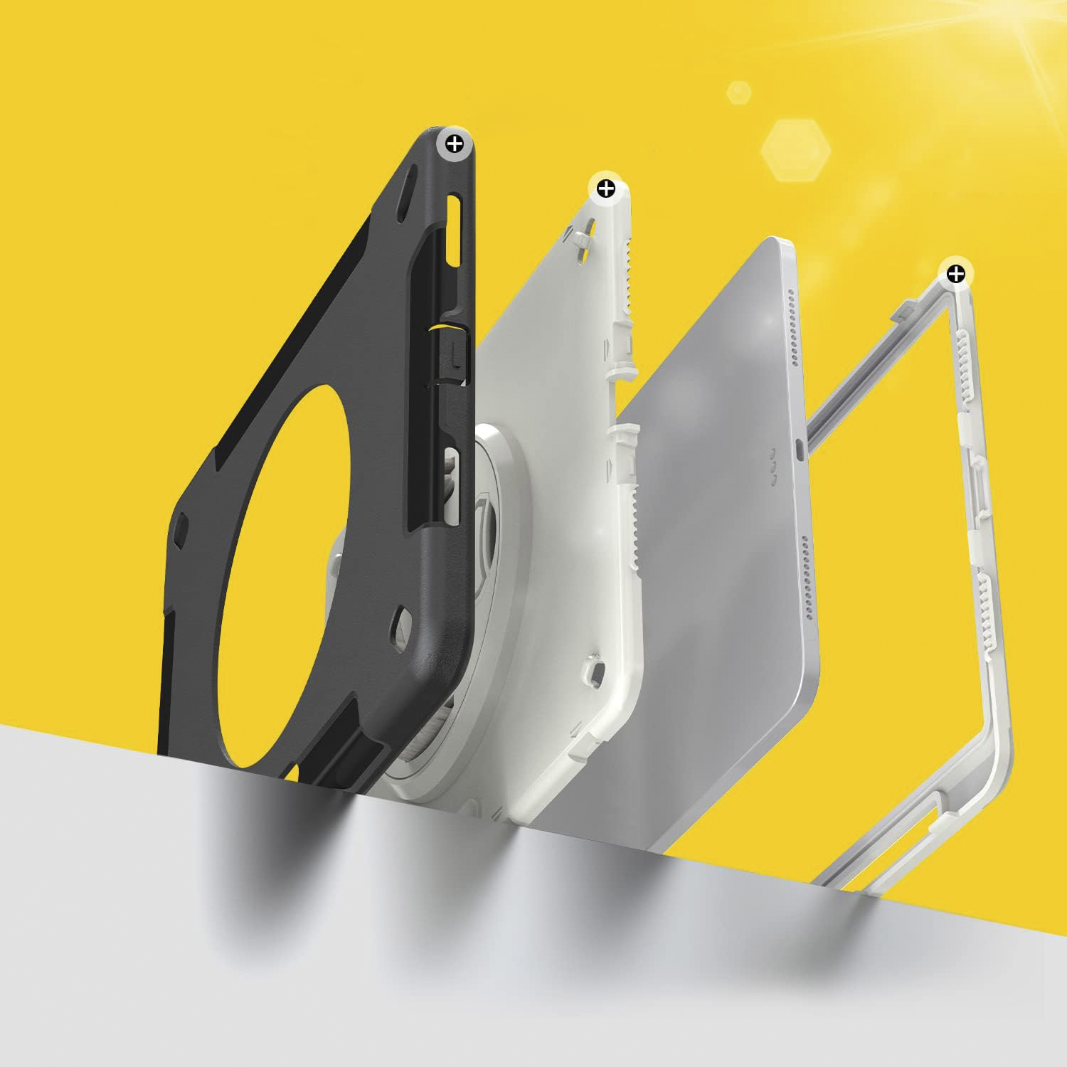 Eine Smartphone-Hülle mit Schichten, auf gelbem Hintergrund. Die Hülle ist zerlegt.