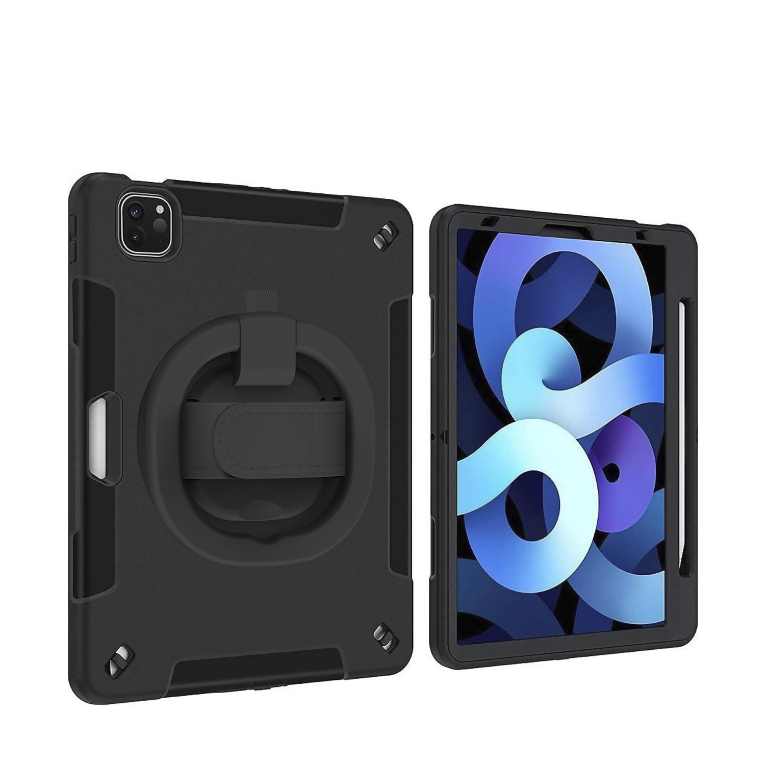 Schwarze Tablet-Hülle mit Handschlaufe und Abdeckung. Die Abdeckung ist geöffnet und zeigt den Tablet-Bildschirm.