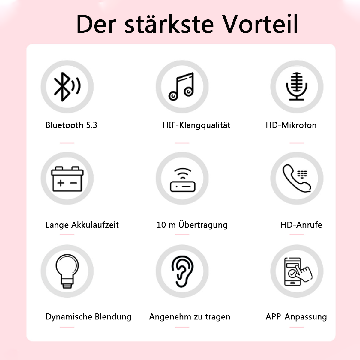 Infografik, die die Vorteile eines Produkts mit Symbolen und Text zeigt. Rosa Hintergrund.