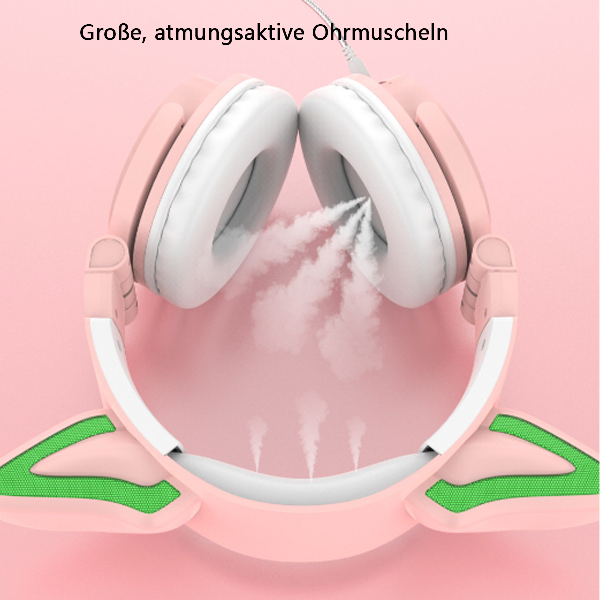 Rosa Kopfhörer mit weißen Ohrmuscheln und grünem Mesh. Dampf kommt aus den Ohrmuscheln.
