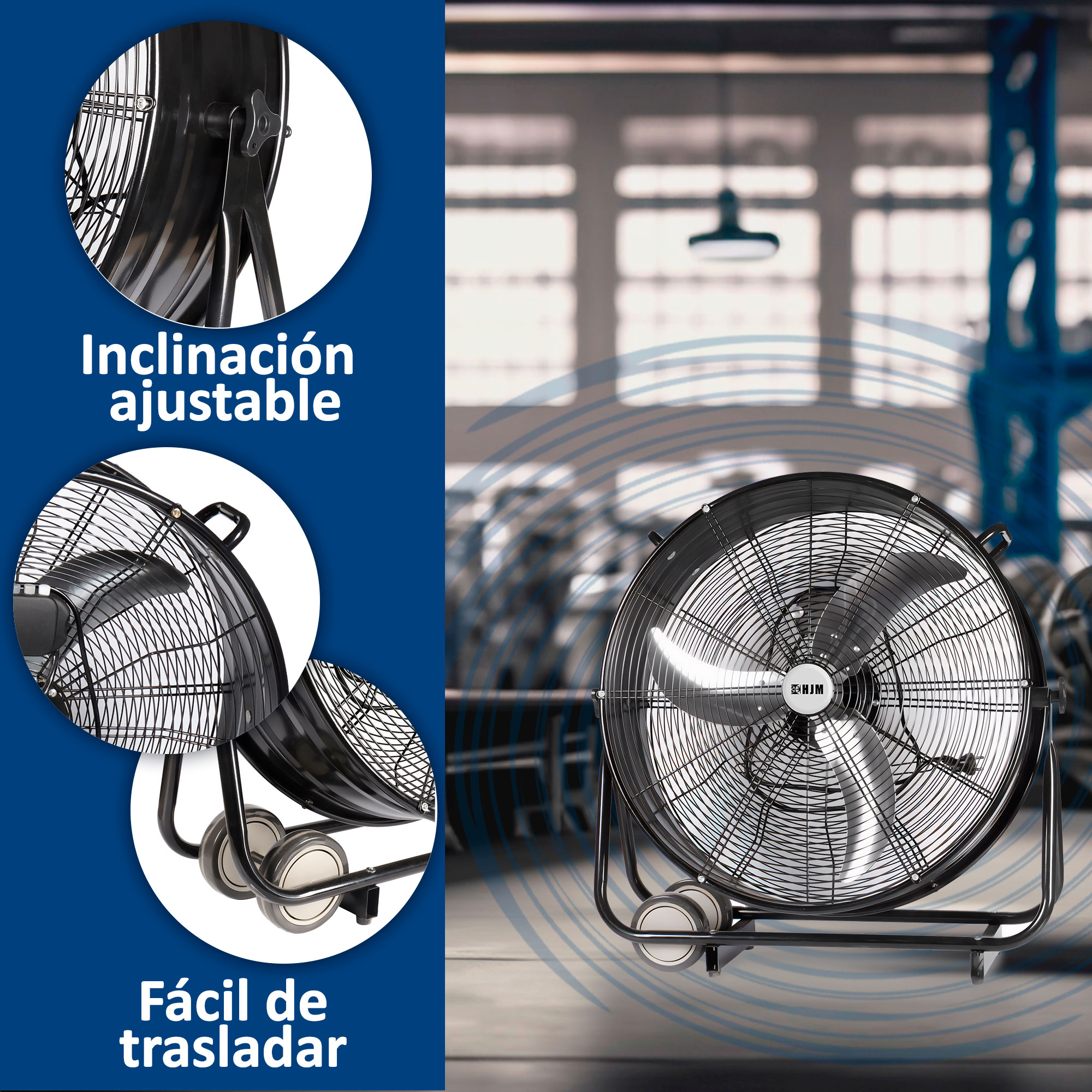 Ventilador industrial negro con inclinación ajustable y ruedas para fácil traslado.
