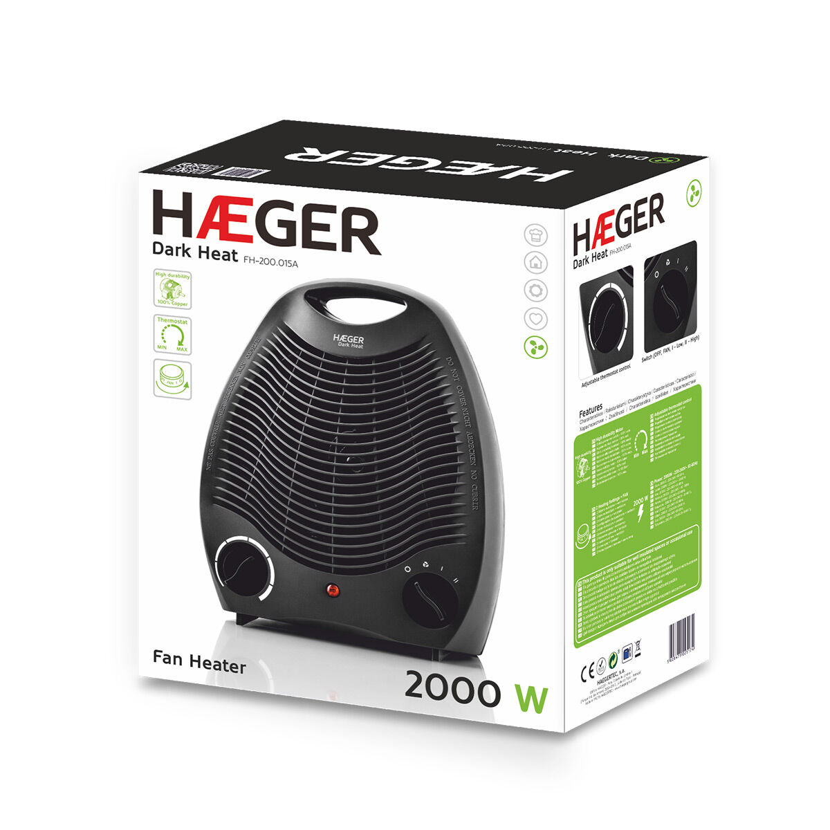 Calentador de ventilador negro en caja con detalles del producto.