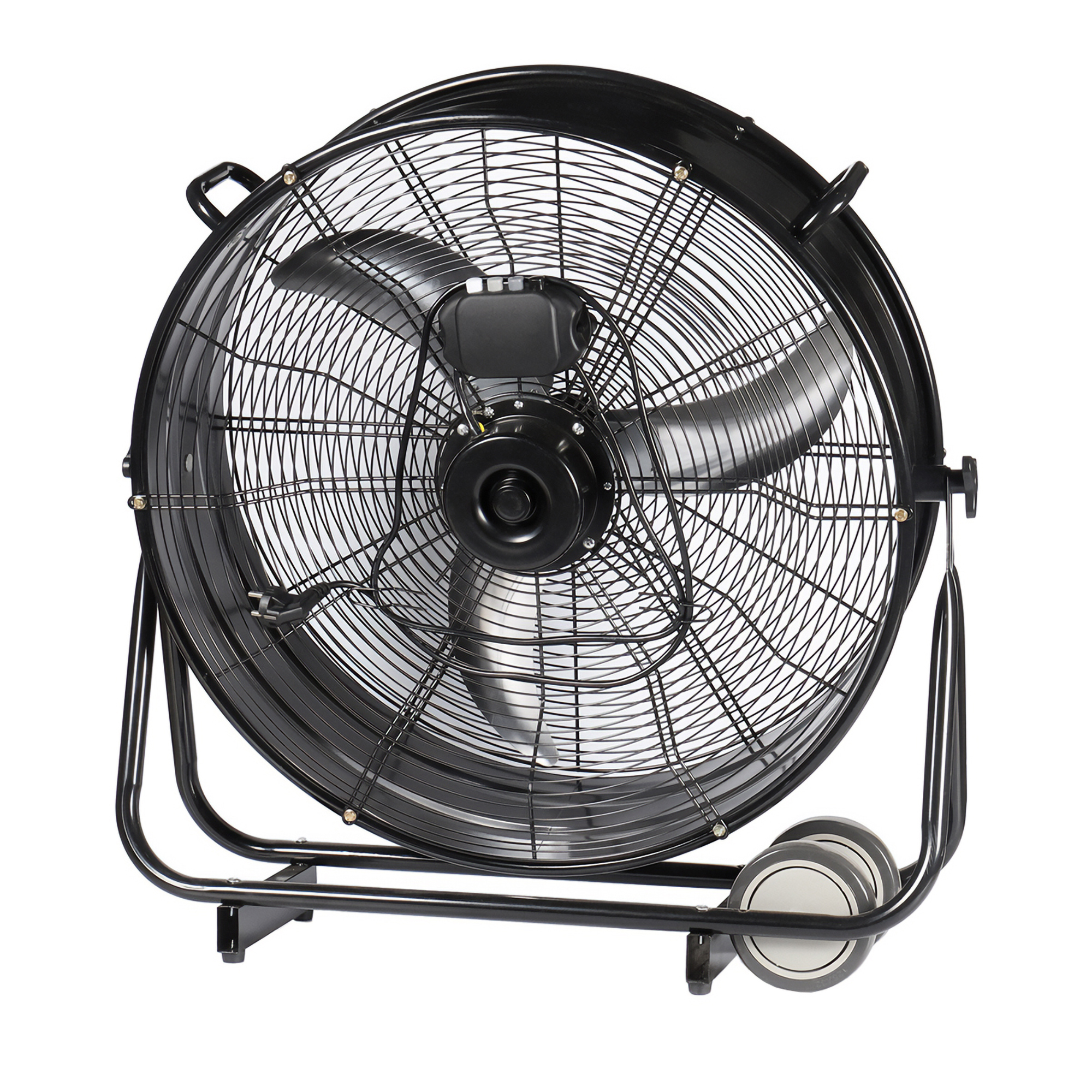 Ventilador industrial negro grande con tres aspas, sobre un soporte negro con ruedas.