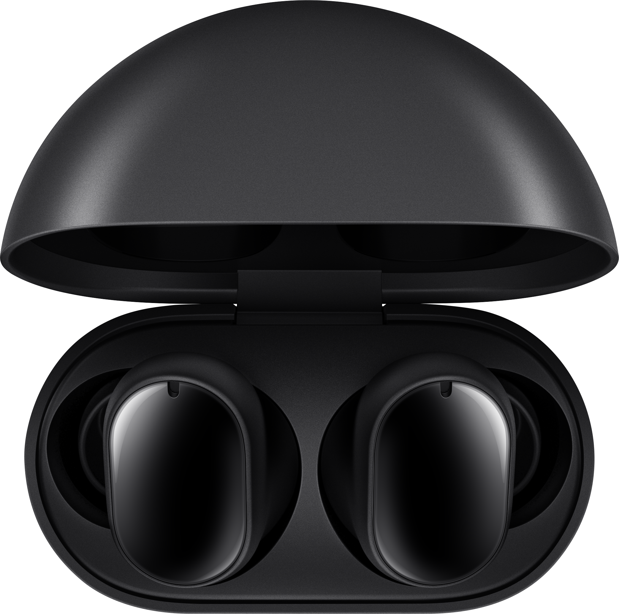 Czarne bezprzewodowe słuchawki w otwartym czarnym etui ładującym na czarnym tle.