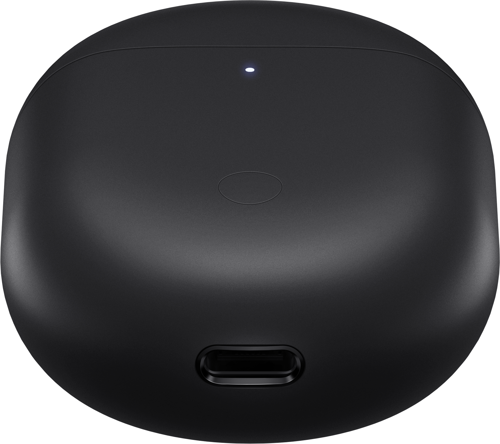 Czarna obudowa ładująca do słuchawek. Obudowa ma port ładowania.