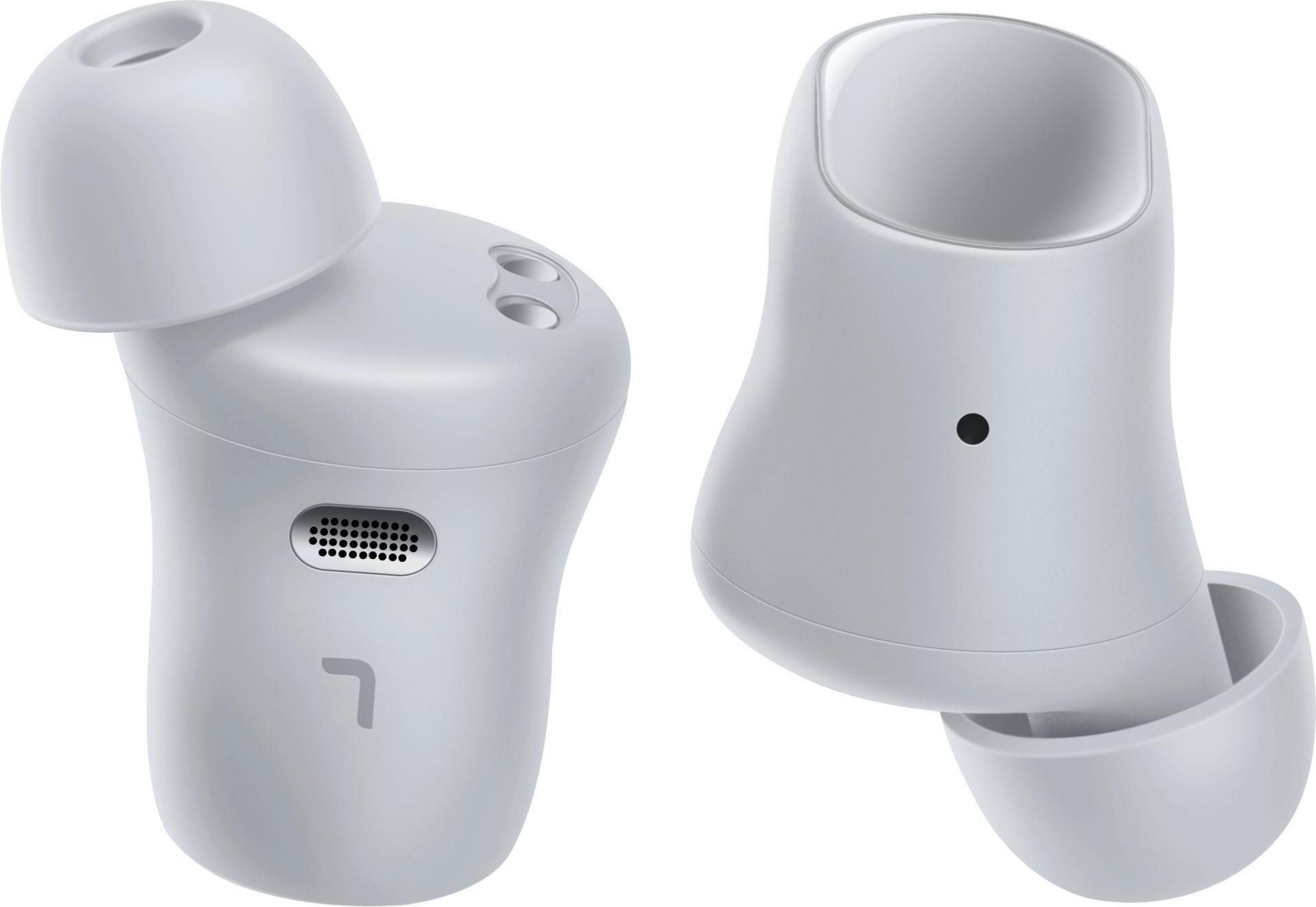 Dos auriculares gris claro, primer plano. Uno muestra el altavoz, el otro el micrófono.