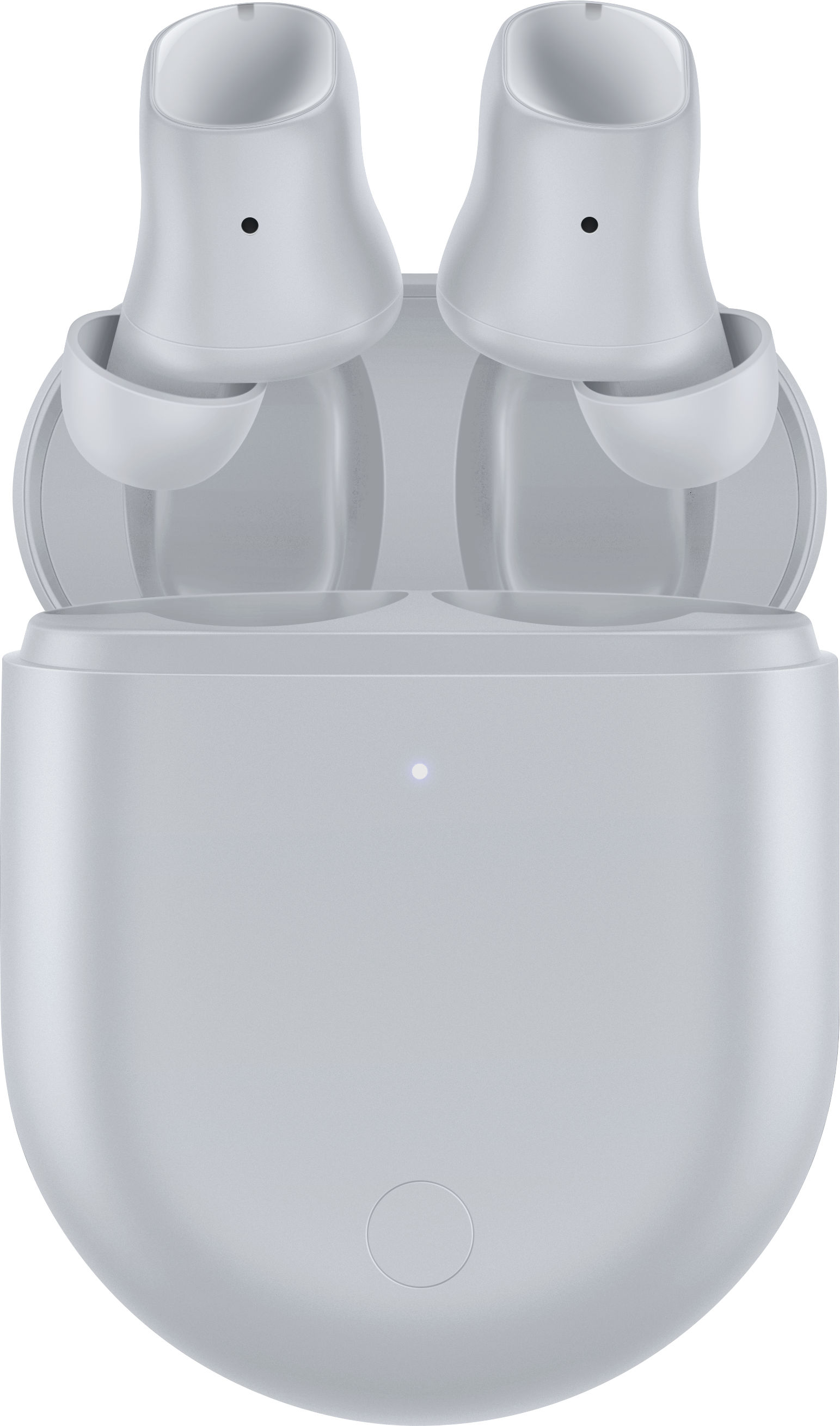 Auriculares inalámbricos blancos en su estuche de carga, vista de cerca. Fondo blanco.