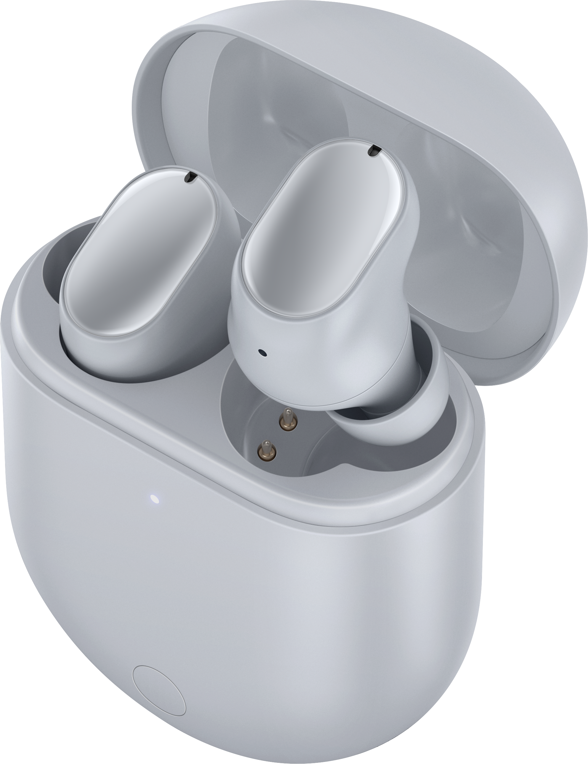 Auriculares inalámbricos gris claro en su estuche de carga. El estuche está abierto, mostrando los dos auriculares.