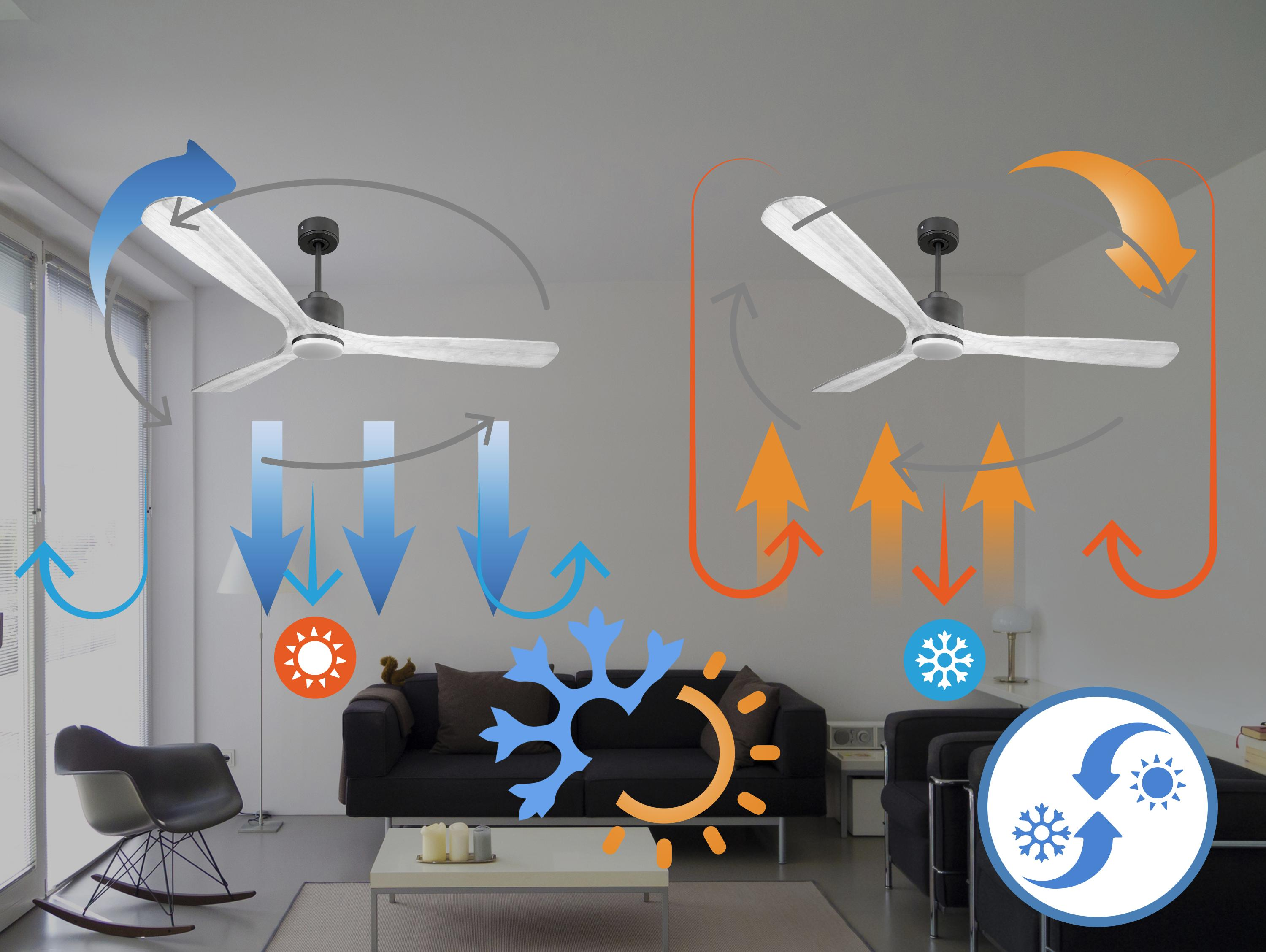 Diagrama que ilustra el flujo de aire de ventiladores de techo, mostrando la circulación de aire cálido y frío.