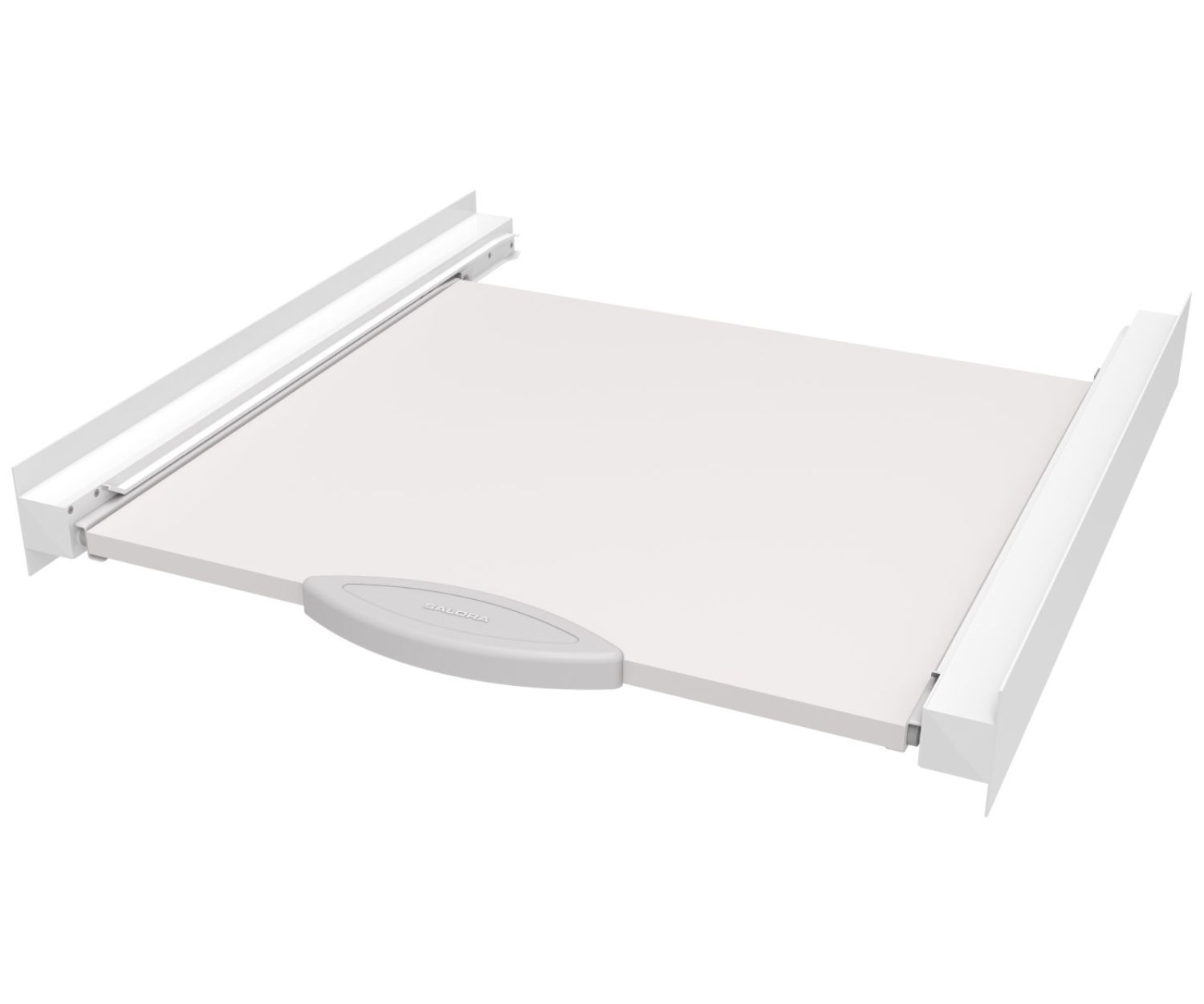 White sliding shelf with a handle. The shelf is designed for kitchen storage.