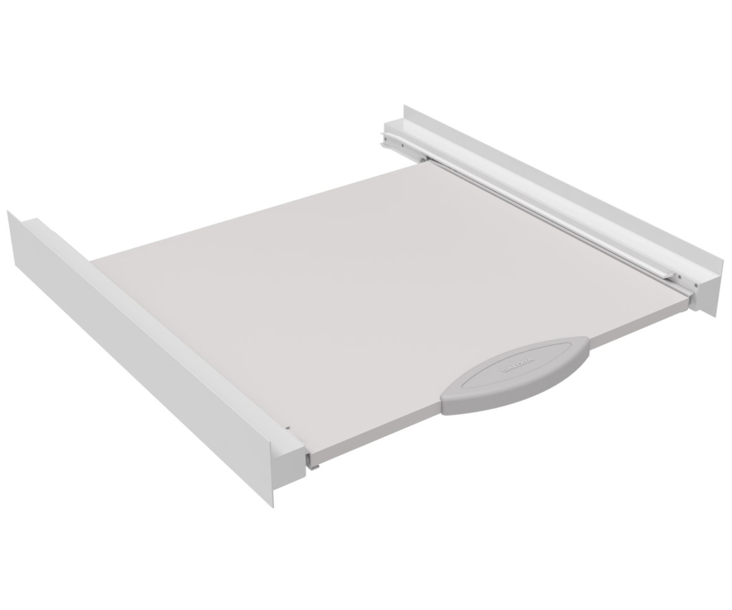 A white drawer slide, extended. The drawer slide is on a white background. A handle is visible.