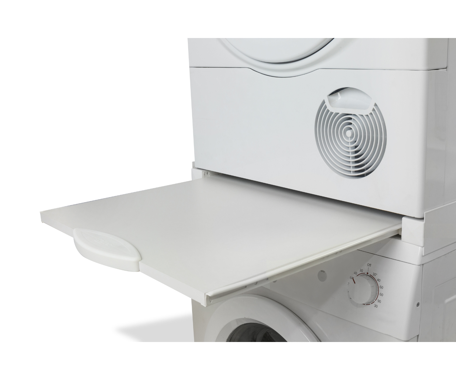 White appliance, a shelf is pulled out. The appliance looks like a washer and a dryer.