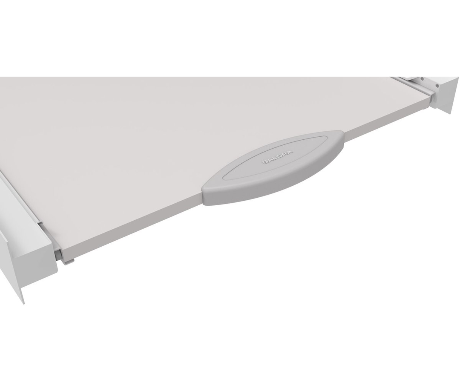 White retractable awning. Gray handle with the word 'GALORA' is on the front. White background.