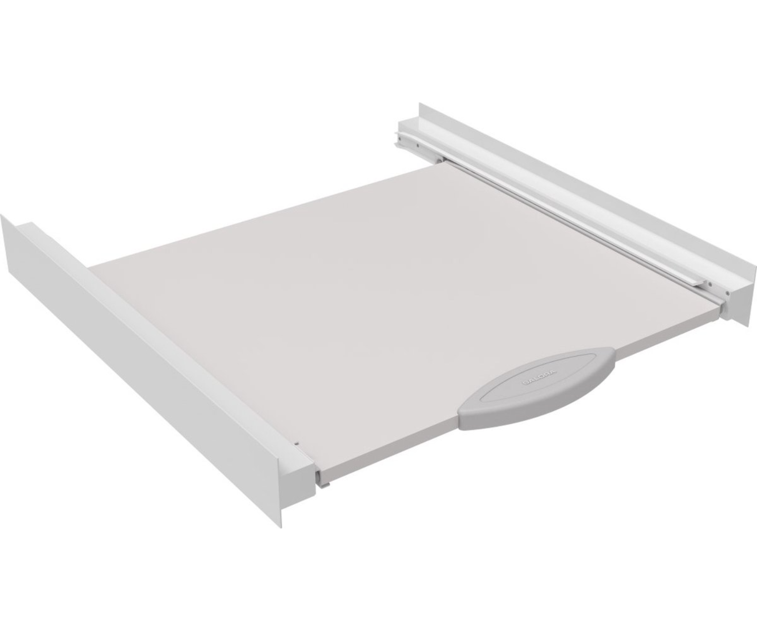 White pull-out shelf, two white side rails, and a gray handle. Isolated on a white background.