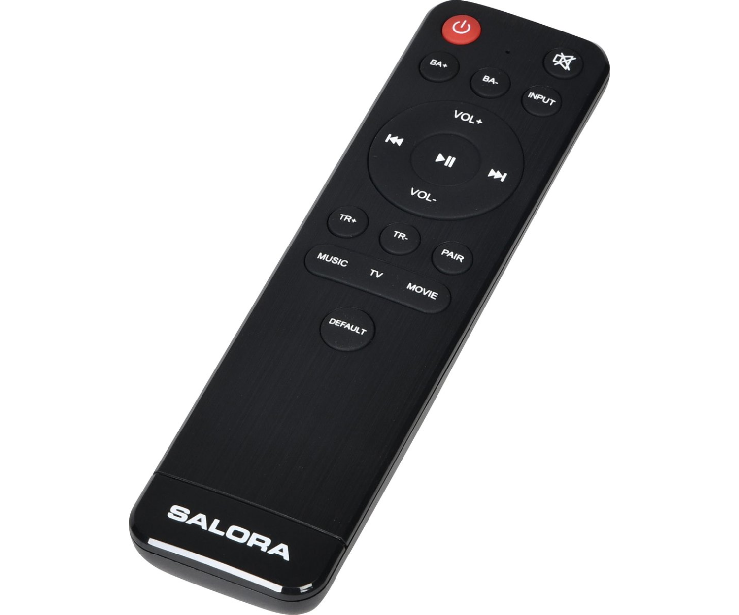 Une télécommande noire avec plusieurs boutons sur fond blanc.