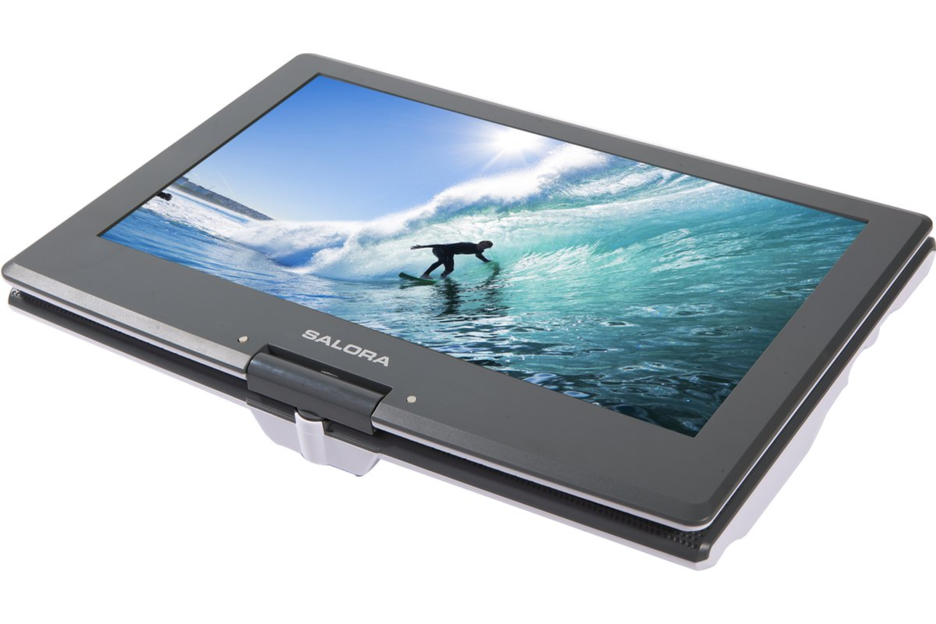Un lecteur DVD portable, montrant un surfeur sur une vague. Il a un cadre gris.