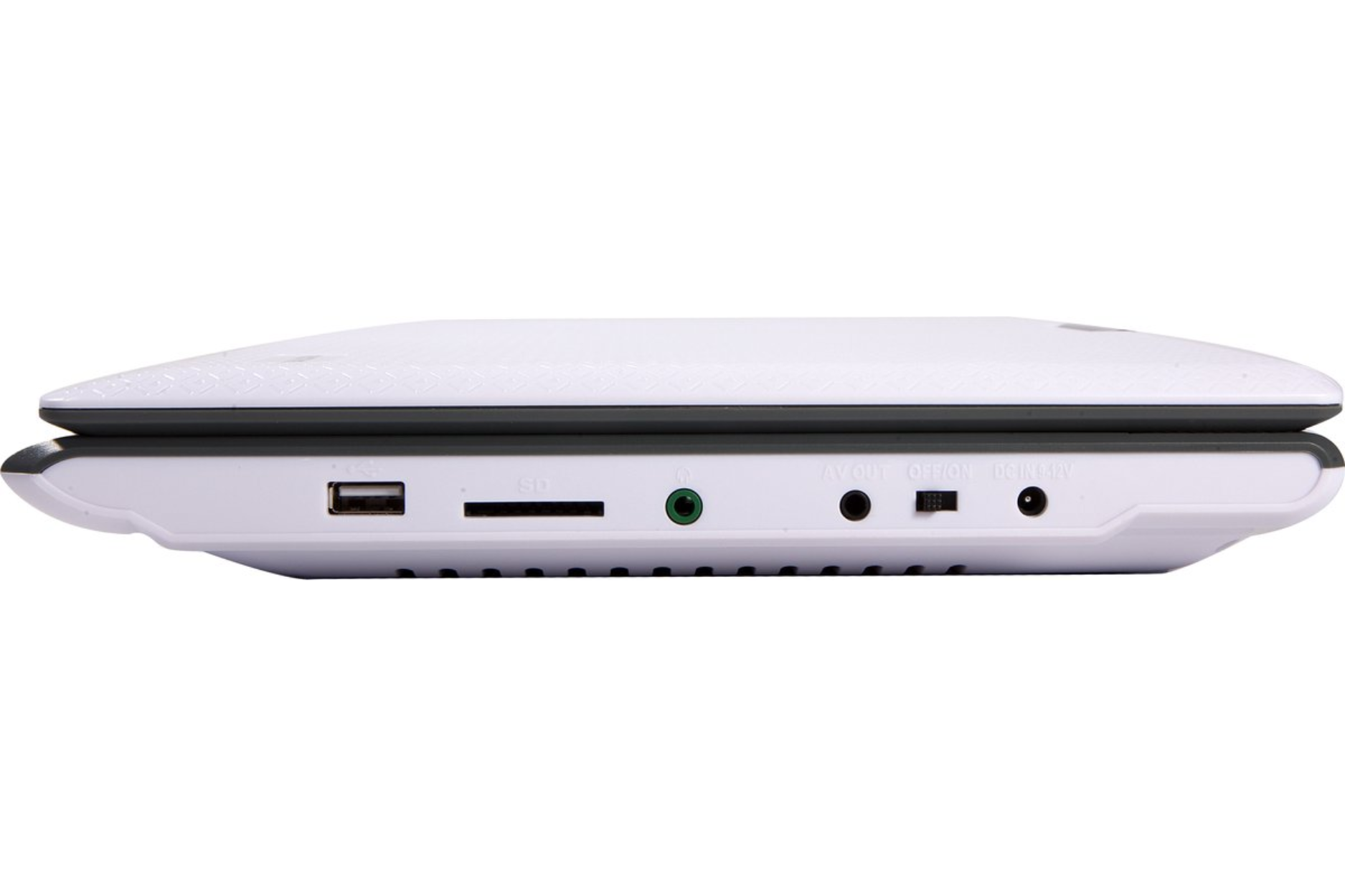 Le profil latéral d'un lecteur DVD portable blanc, avec divers ports visibles sur fond blanc.