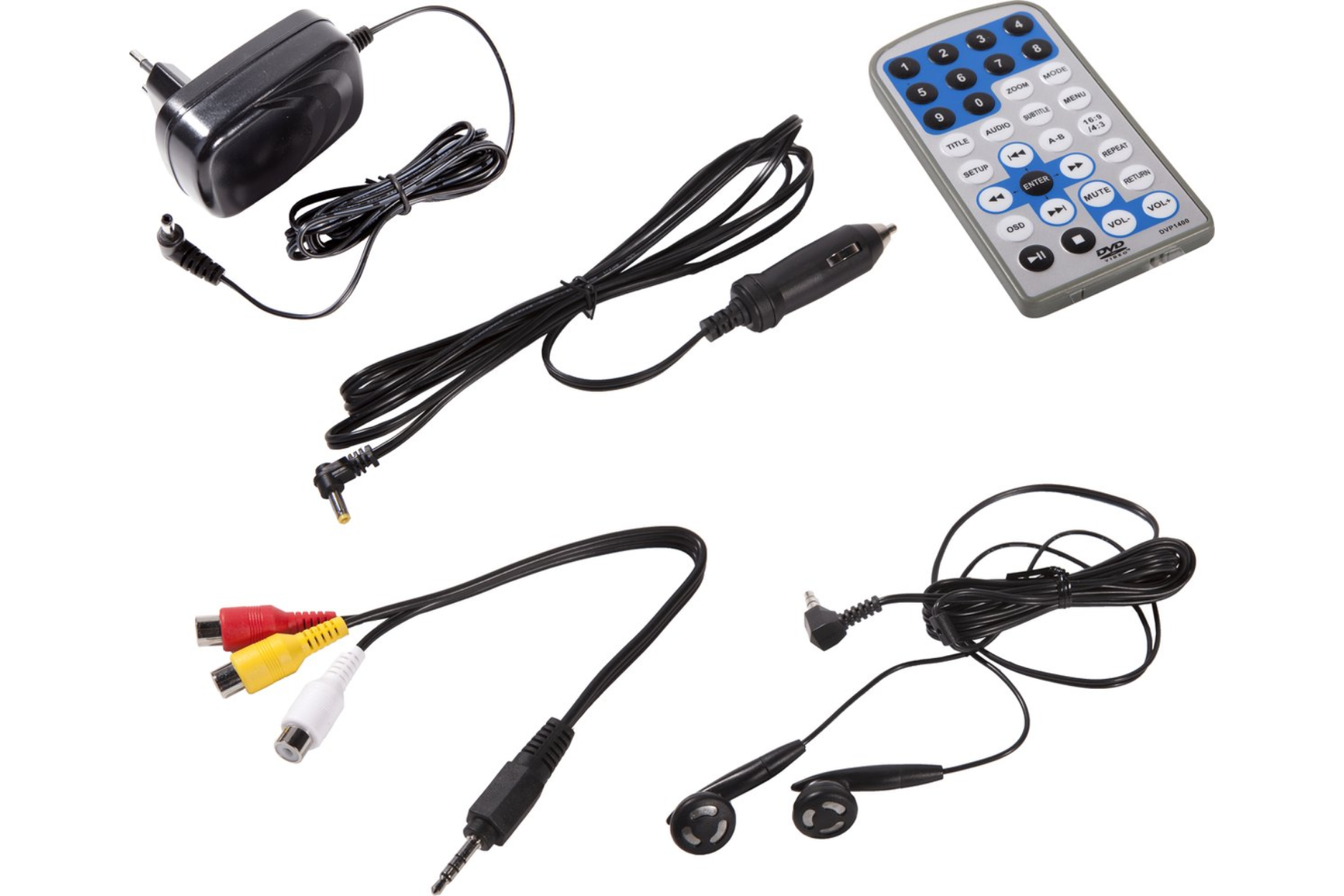 Assortiment d'accessoires électroniques : adaptateur secteur, câbles, télécommande et écouteurs.