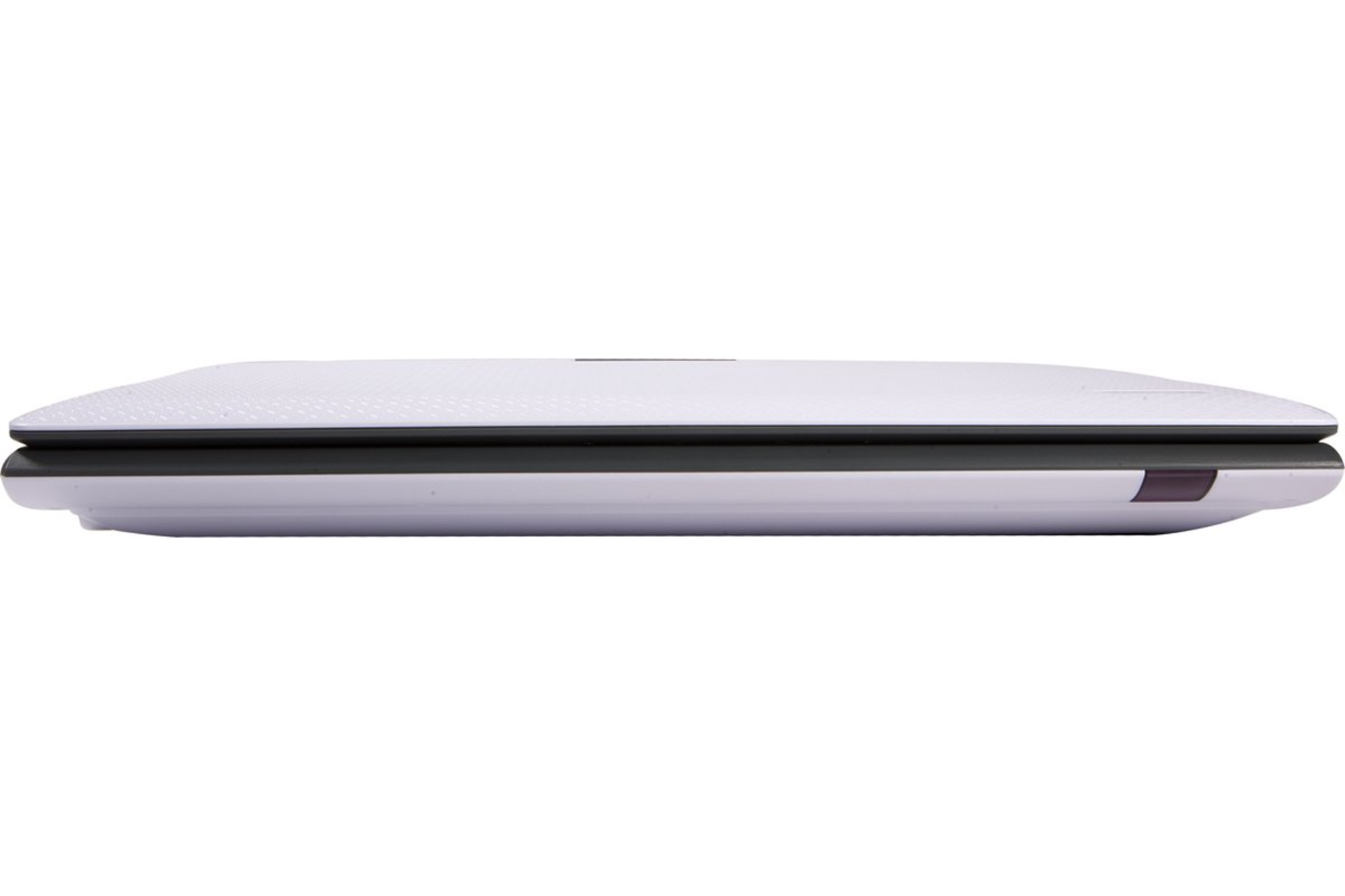 Vue latérale d'un ordinateur portable blanc. Bord noir et bouton rouge.