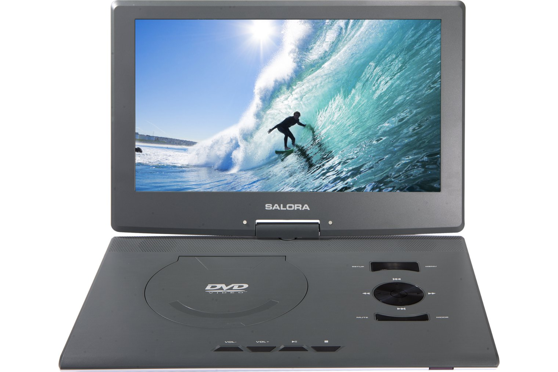Lecteur DVD portable affichant un surfeur surfant une vague. Le lecteur est gris avec des boutons et une fente DVD.